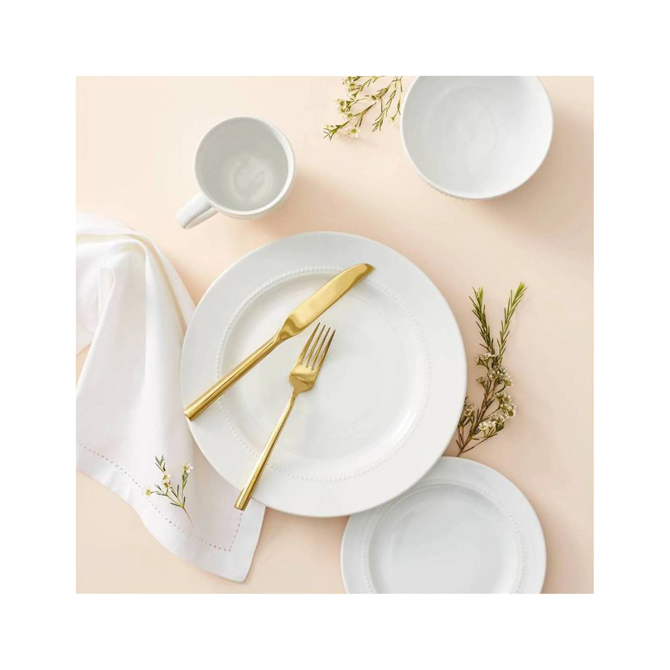 16pc Porcelain Beaded Rim Dinnerware Set White