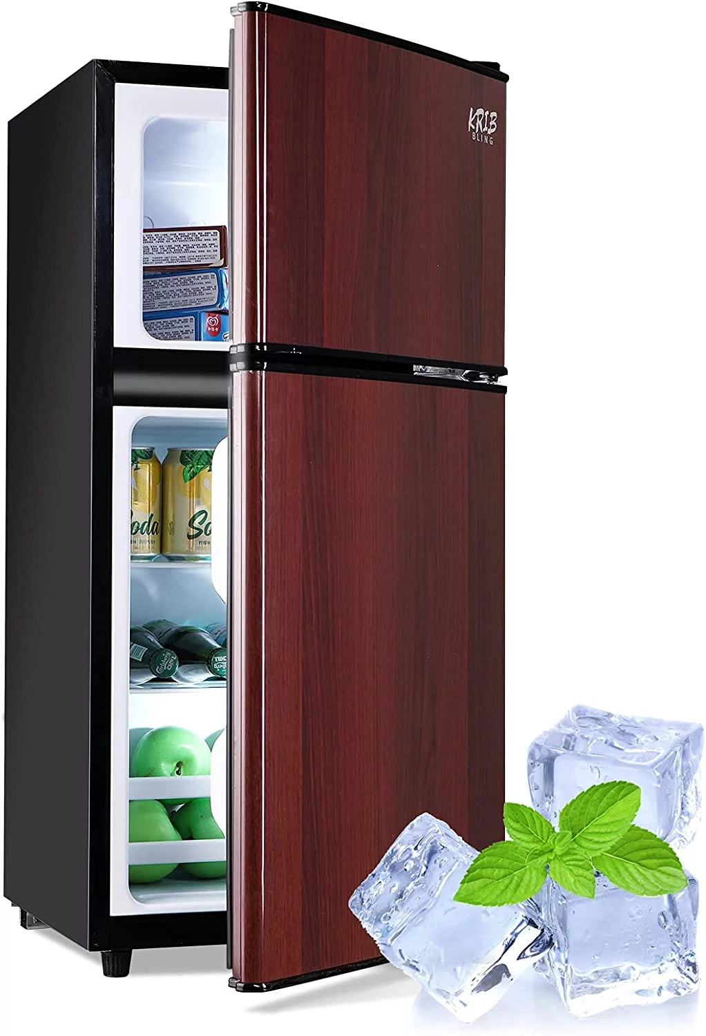 KRIB BLING 3.2 cu.ft 2 Doors Compact Refrigerators with Freezers, Small Refrigerator Apartment Refrigerators, Wood