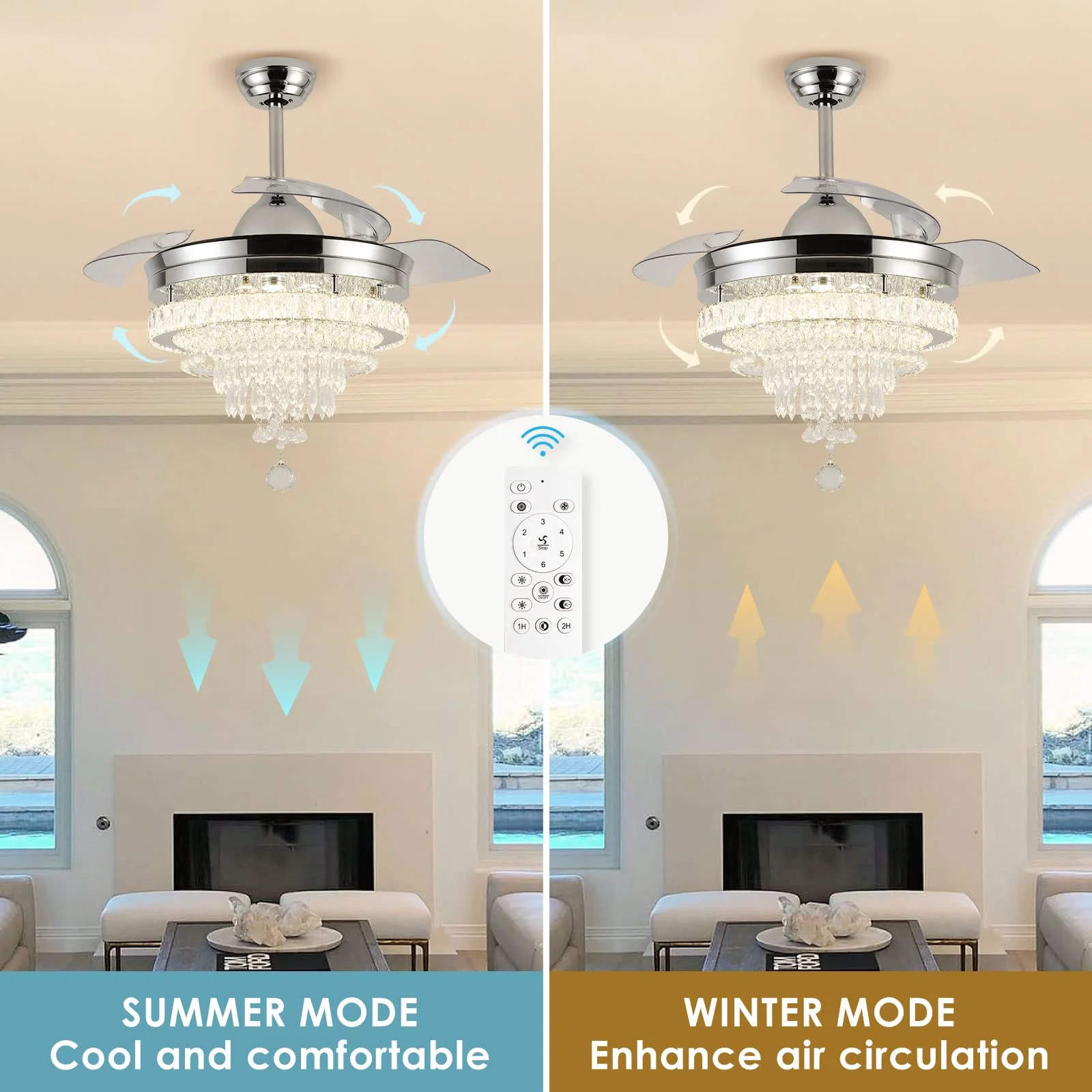 FRIXCHUR 42' Chandelier Ceiling Fans with Lights and Remote Dimmable Fandelier Retractable Ceiling Fan 6 Speed 3 Color Change Crystal Ceiling Fan for Bedroom Living Room Dining Room 40W*2