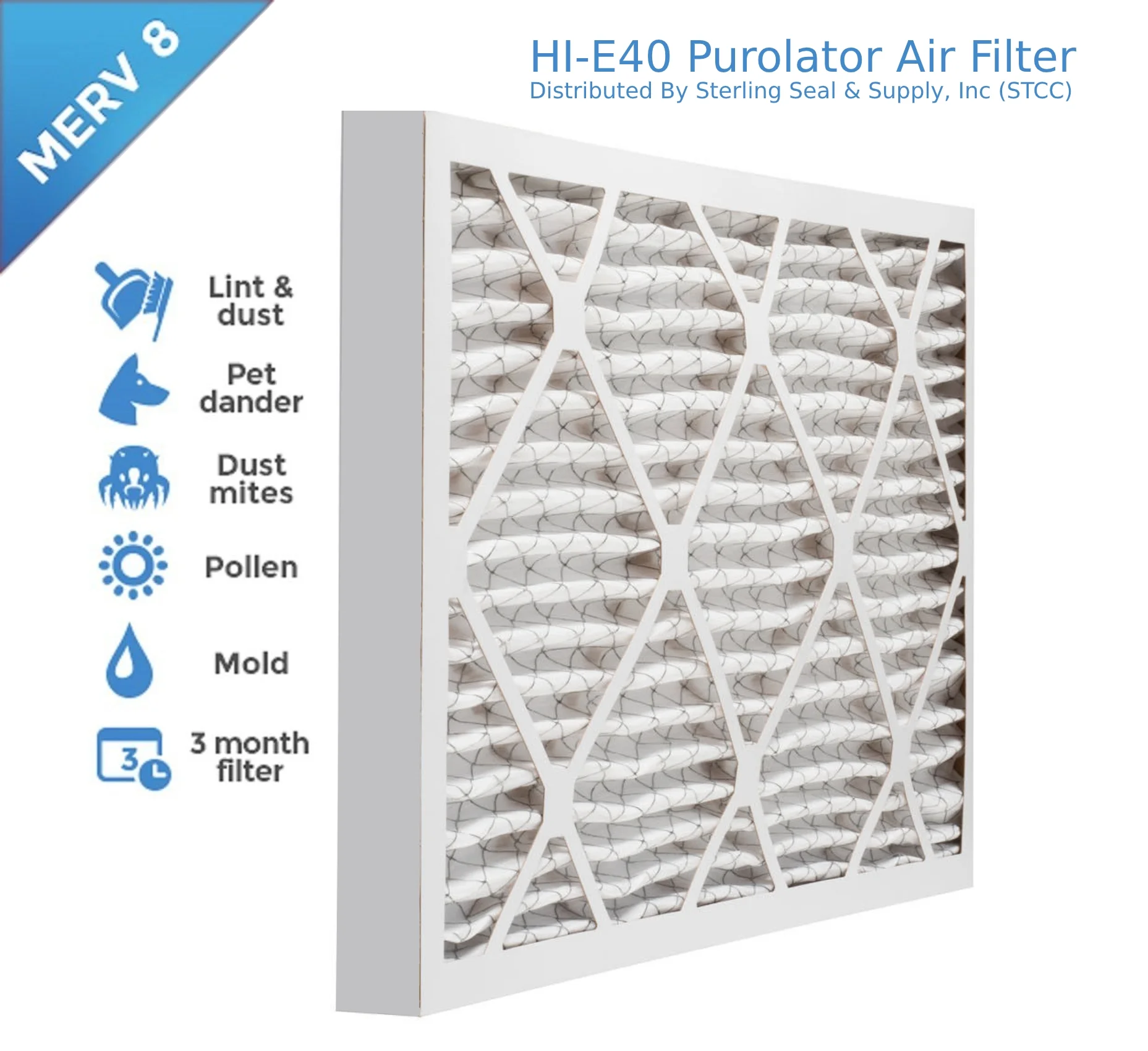 20x25x2, Purolator / Air Guard Hi-E 40 Extended Surface Pleated Air Filter, Mechanical MERV 8, (6 Pack)