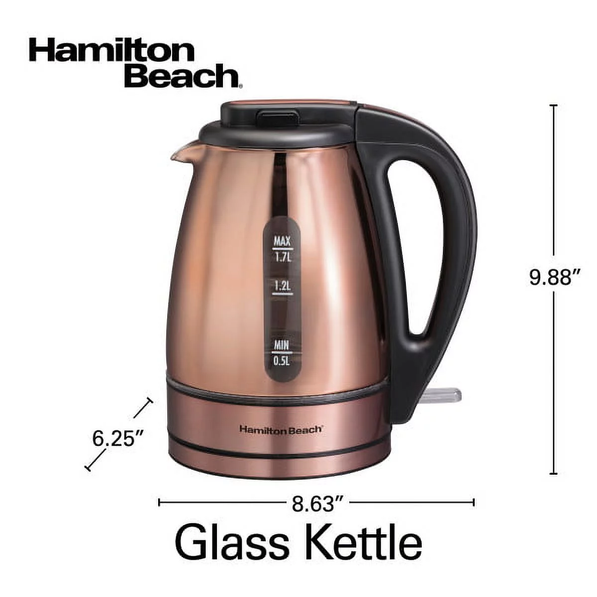 Hamilton Beach Glass 1.7 Liter Electric Kettle, Copper, Glass and Stainless, Model 40876