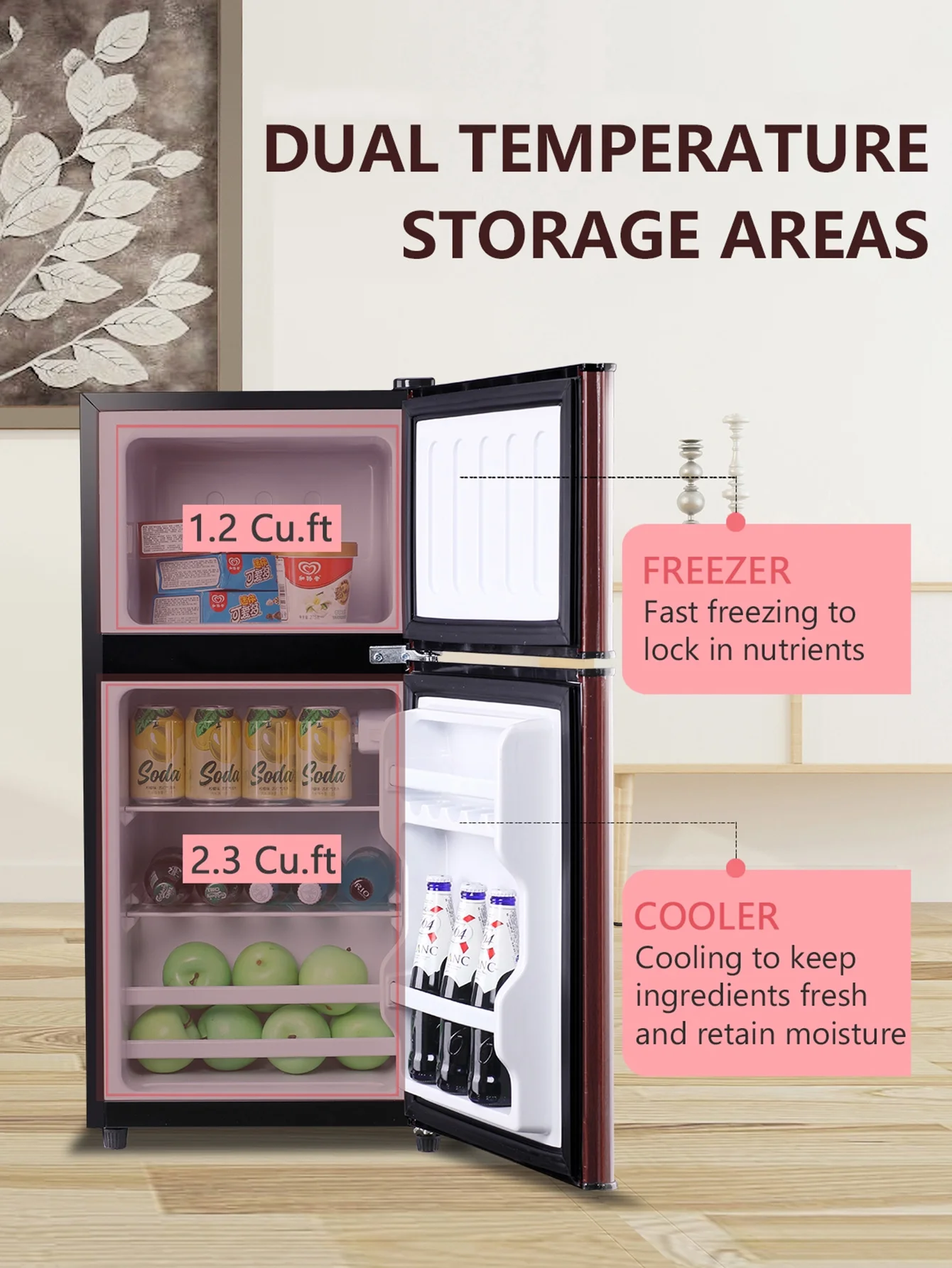 KRIB BLING 3.5 Cu.ft Mini Fridge with 7 Level Thermostat, Compact Refrigerator with Freezer on Top, Ideal for Dorm, Office, Wood