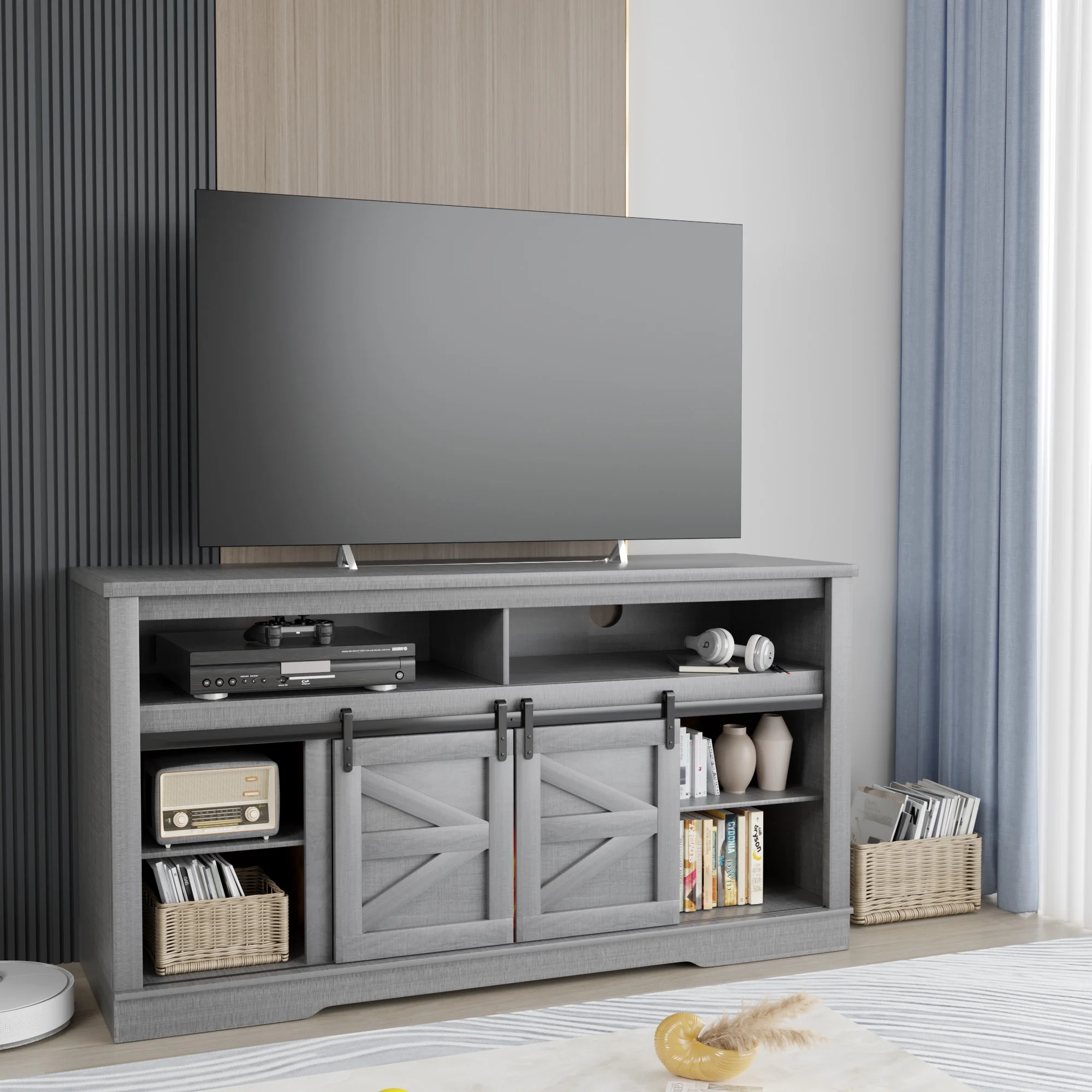 Homall Modern Farmhouse TV Stand with Electric Fireplace Media Storage TV Console Sliding Cabinet Doors,Gray
