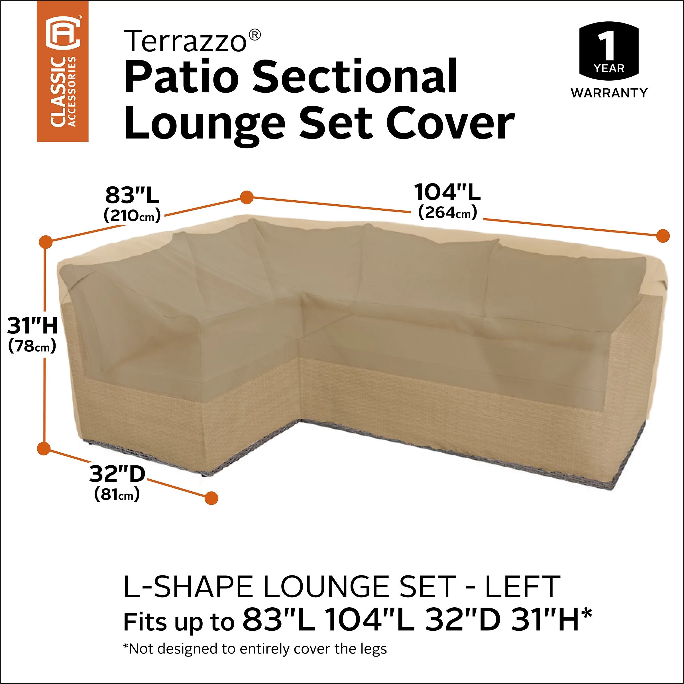 Classic Accessories Terrazzo Water-Resistant 104 Inch Patio Left-Facing Sectional Lounge Set Cover