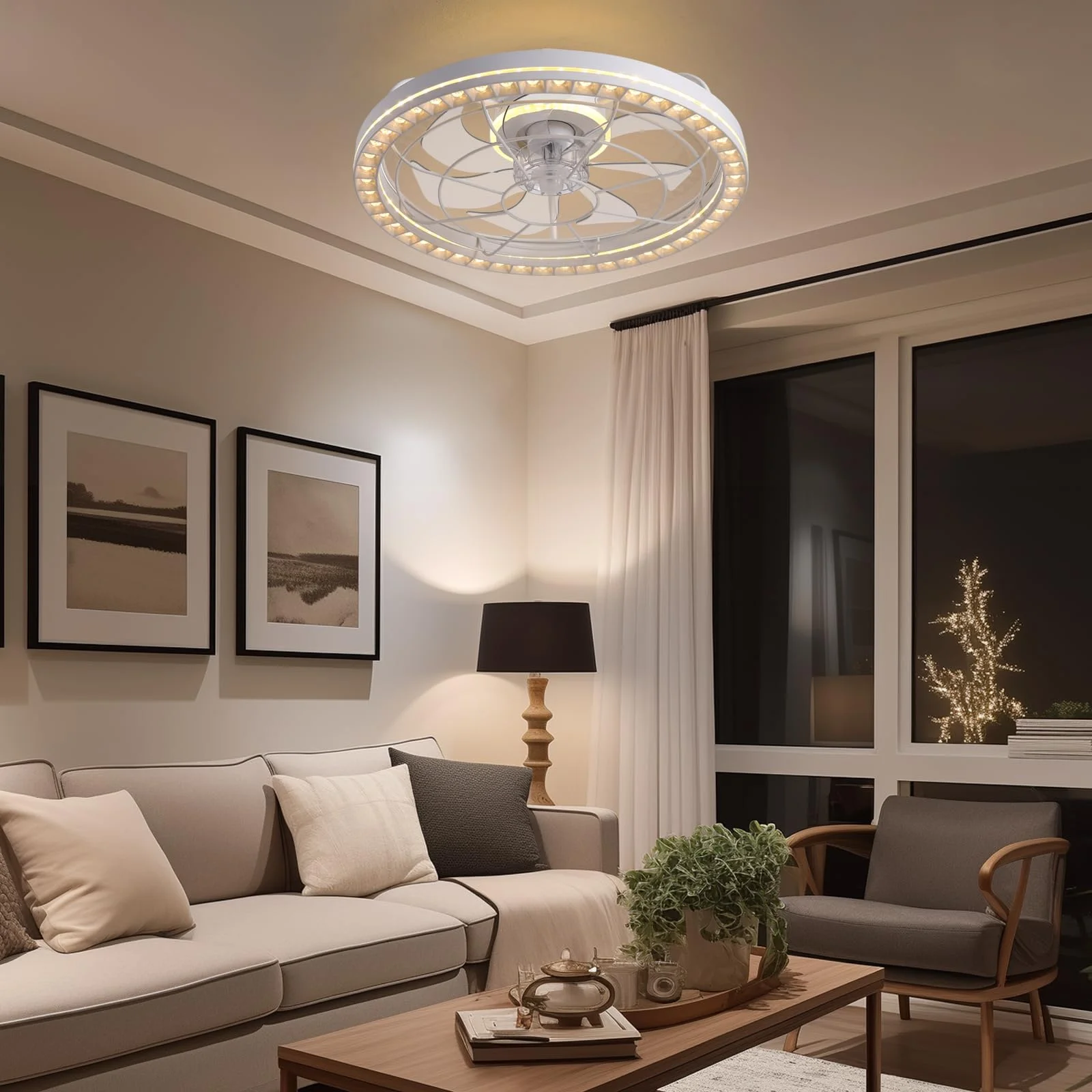 HOOMEDELIER 19' Low Profile Ceiling Fan with Light Remote/App Control,7 Blades White Flush Mount Caged Ceiling Fan for Bedroom Home Office