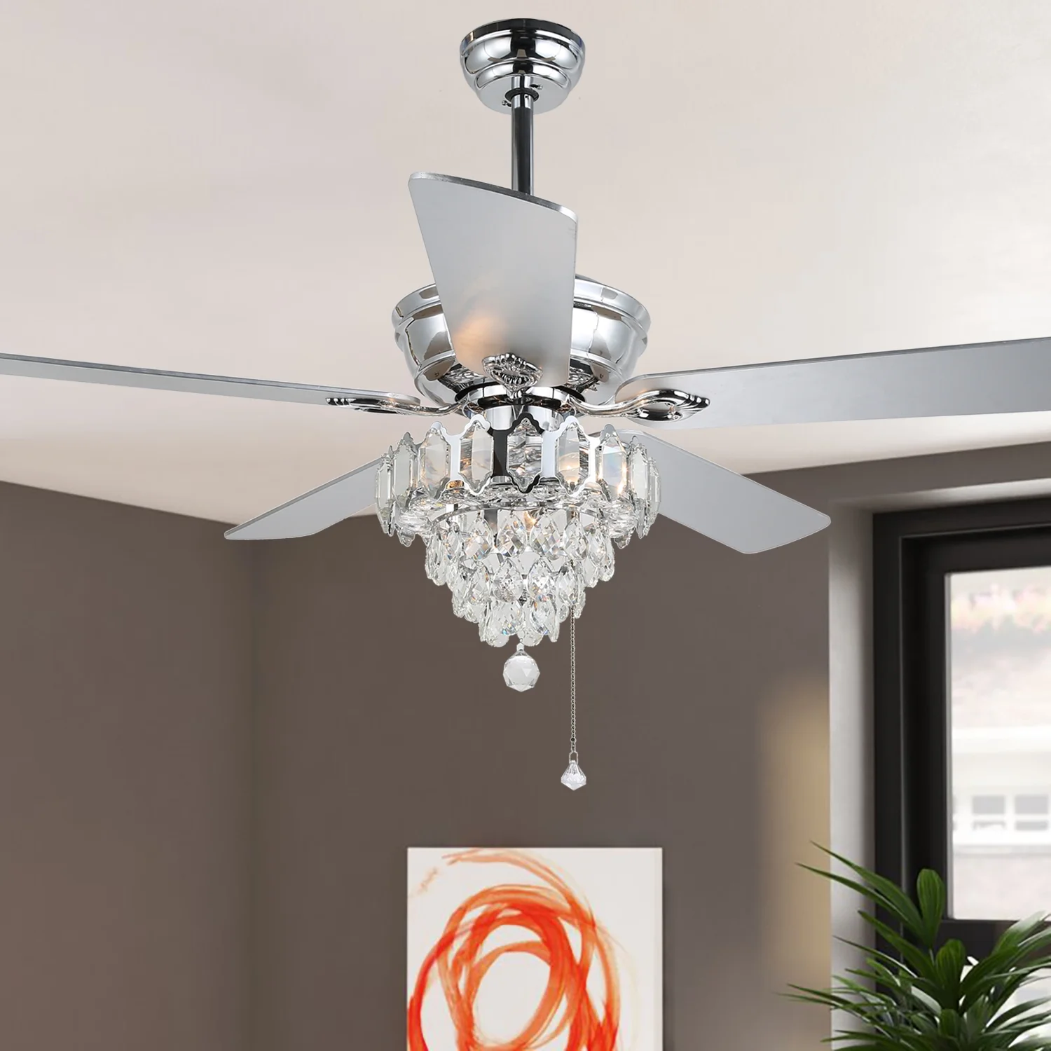 52' Modern Silver Crystal Ceiling Fan with Remote Control and Light Kit, 3-Speed Reversible Motor Ceiling Fan with Wood Blades