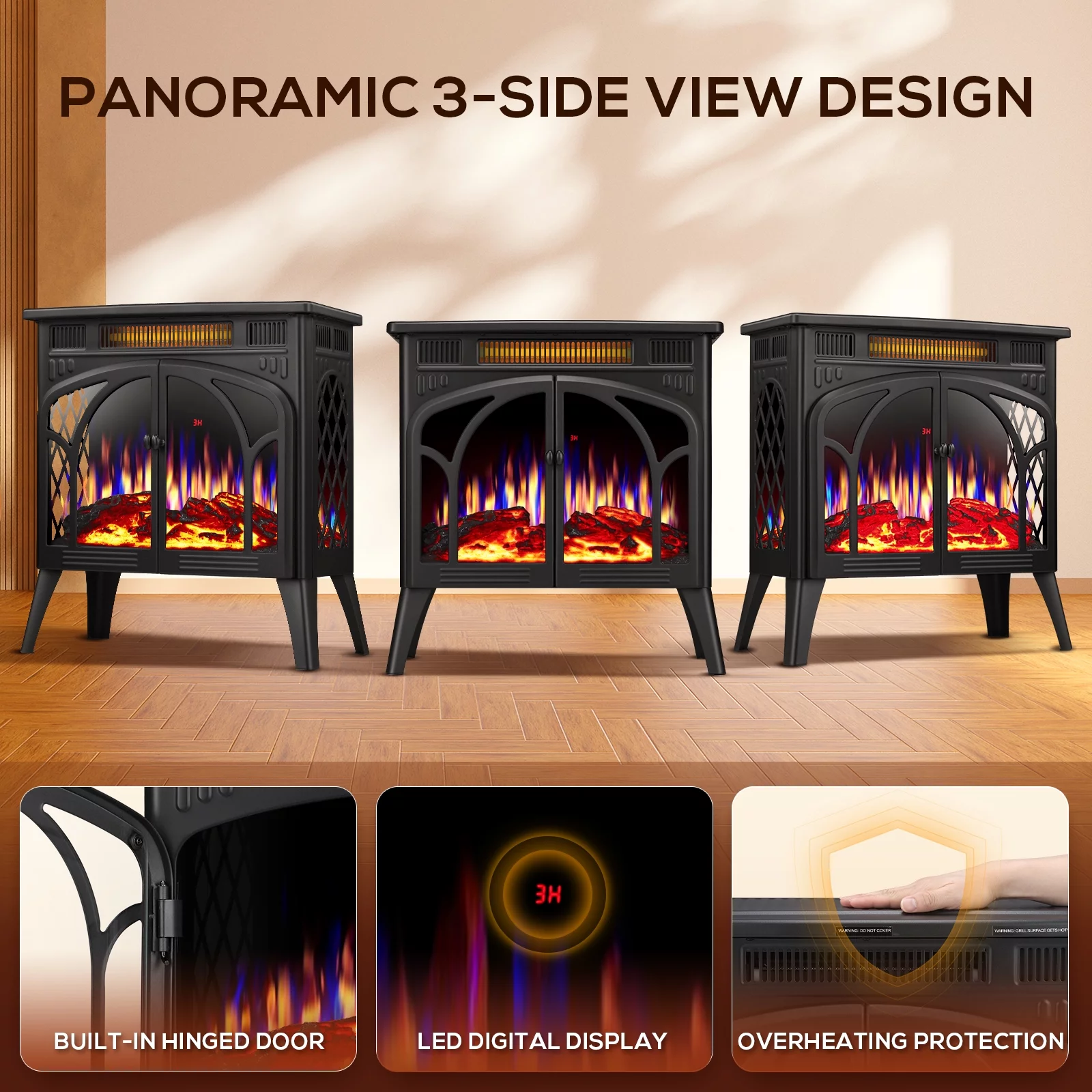 Auseo Electric Fireplace Heater 25'' with 3D Realistic Flame Effect, Freestanding Fireplace with Remote Control, Timer, Different Flame Color,2 Heating Modes 500W/1500W, Room, Black