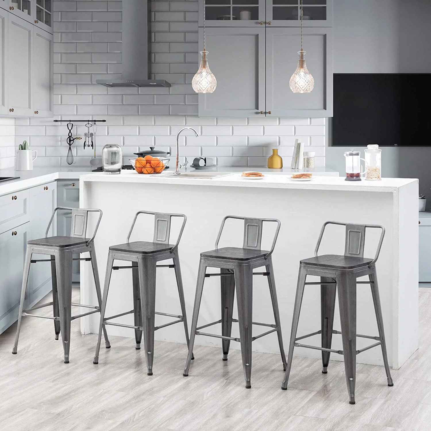 Andeworld 26' Metal Barstools Set of 4 Counter Height Bar Stools with Back (Wood Top Low Back, Brushed Gray)