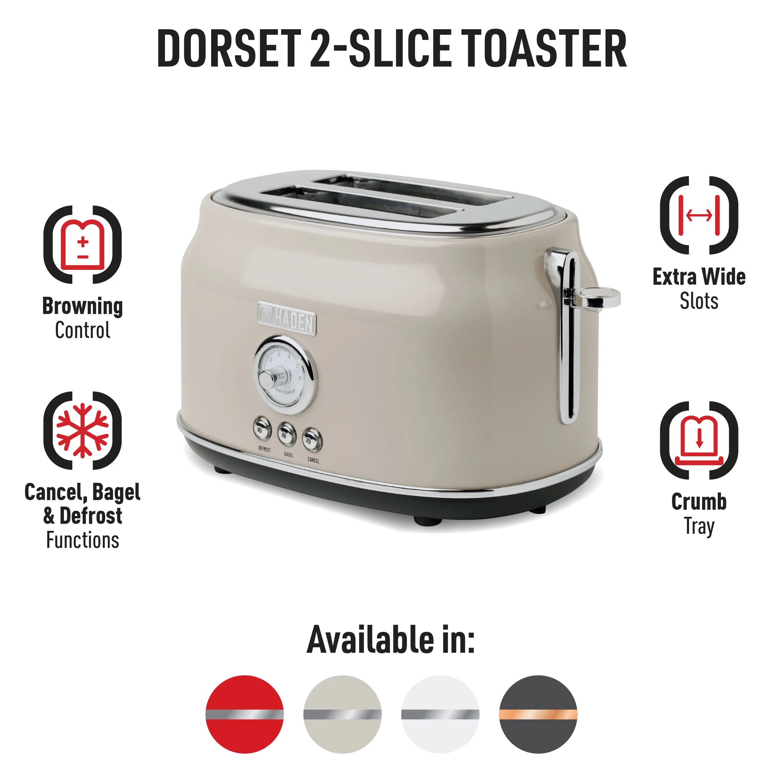 Open Box Haden Dorset Wide Slot Stainless Steel Retro Toaster, Putty Beige