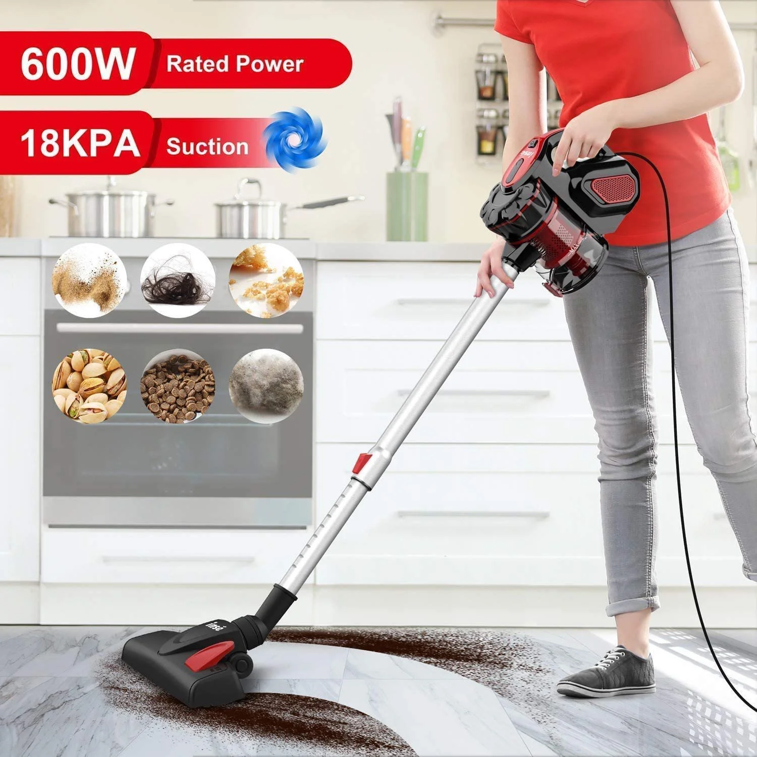 INSE Corded Vacuum Cleaner, 3 in 1 Stick Vacuum with 18kPa Powerful Suction 600W Motor, Lightweight Handheld Vacuum for Pet Hair Hard Floor Home