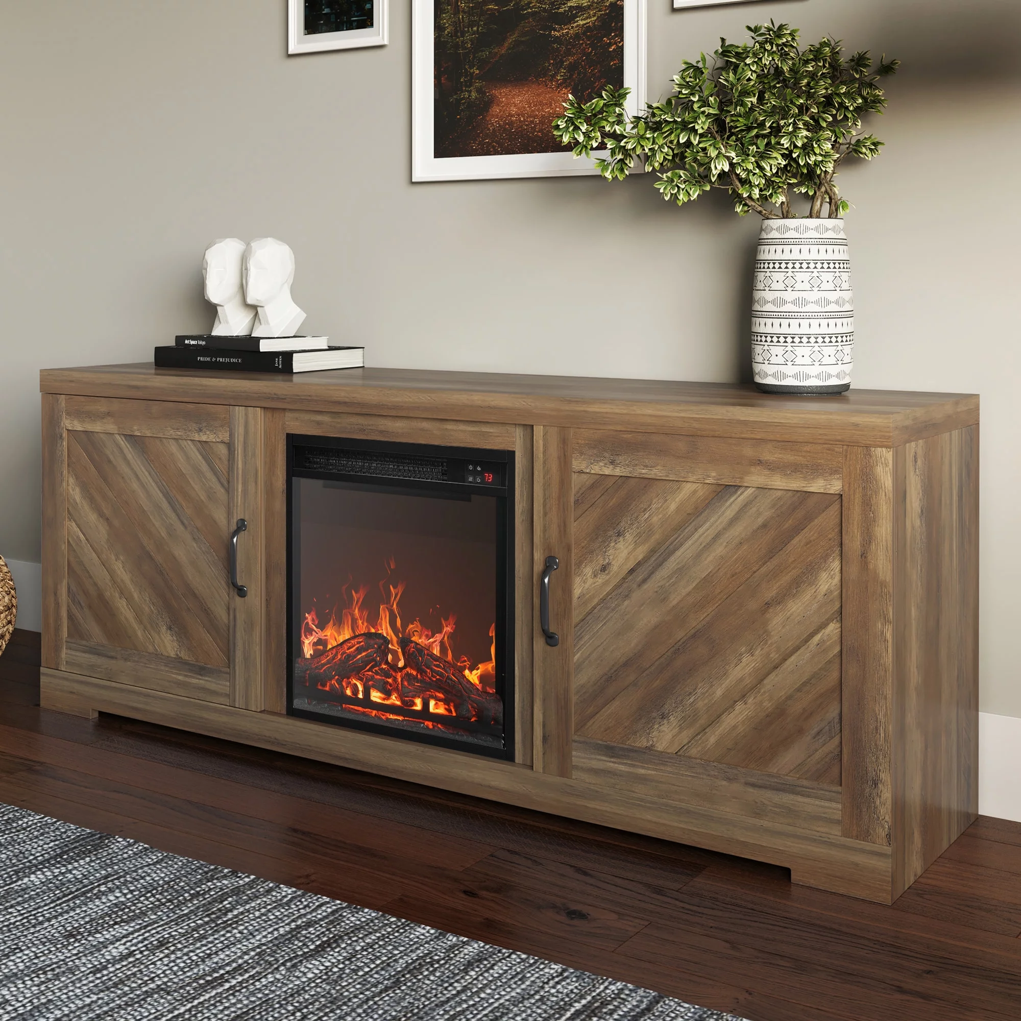 BELLEZE 58' Farmhouse TV Stand Media Entertainment Center For TVs up to 65' with 18' Fireplace - Hilo (Rustic Oak)