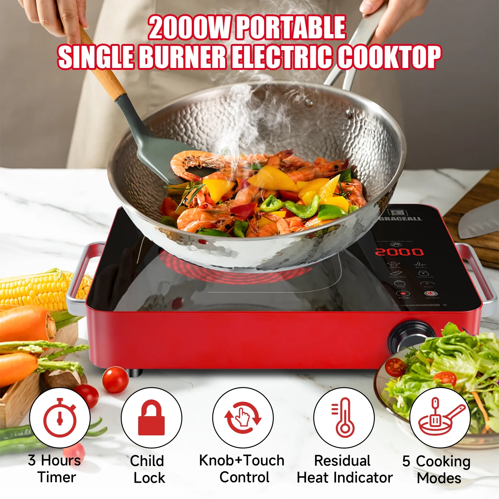GRACEALL 2000W Electric Cooktop Portable Infrared Stove, Countertop Hot Plate for Cooking, Single Burner Cook Top, Kitchen Knob Control Stove, Unibody Design with BBQ Plate