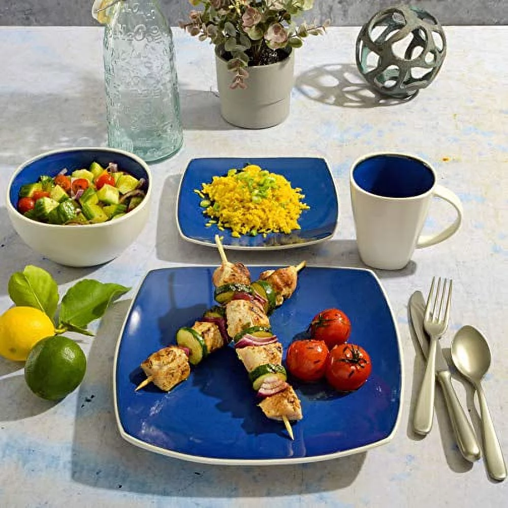 Gibson Soho Lounge White Square Stoneware Reactive Glaze 16-Piece Dinnerware Set - Blue