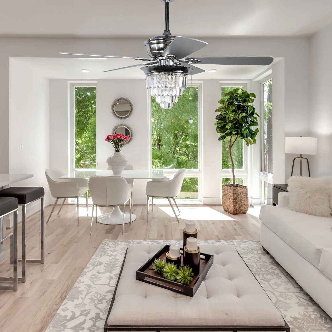 Cusp Barn 52-In Ceiling Fan with Remote and Pull Chain Modern Reversible 5-Blade Crystal Shade Chrome Chandelier
