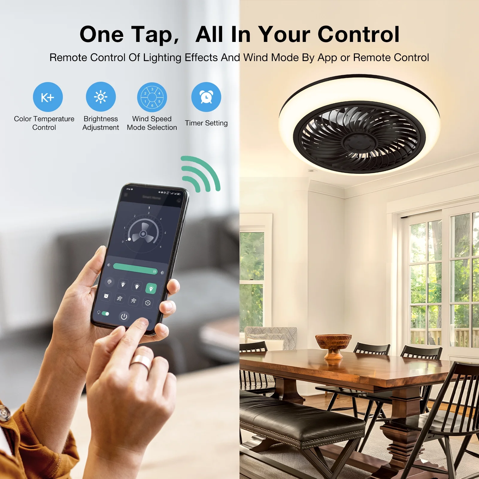 BLITZWILL 18'' Ceiling Fan with Light, 6-Speed Reversible, Dimmable LED Timing with Remote & APP Control, Modern Bladeless Flush Mount Ceiling Fan, Black