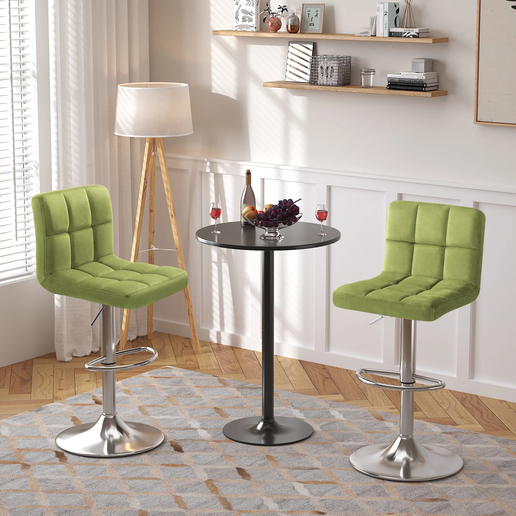 Homall Bar Stools Set of 2 Velvet Kitchen Counter Square Island Height Adjustable Swivel Counter Stools with Back, Green