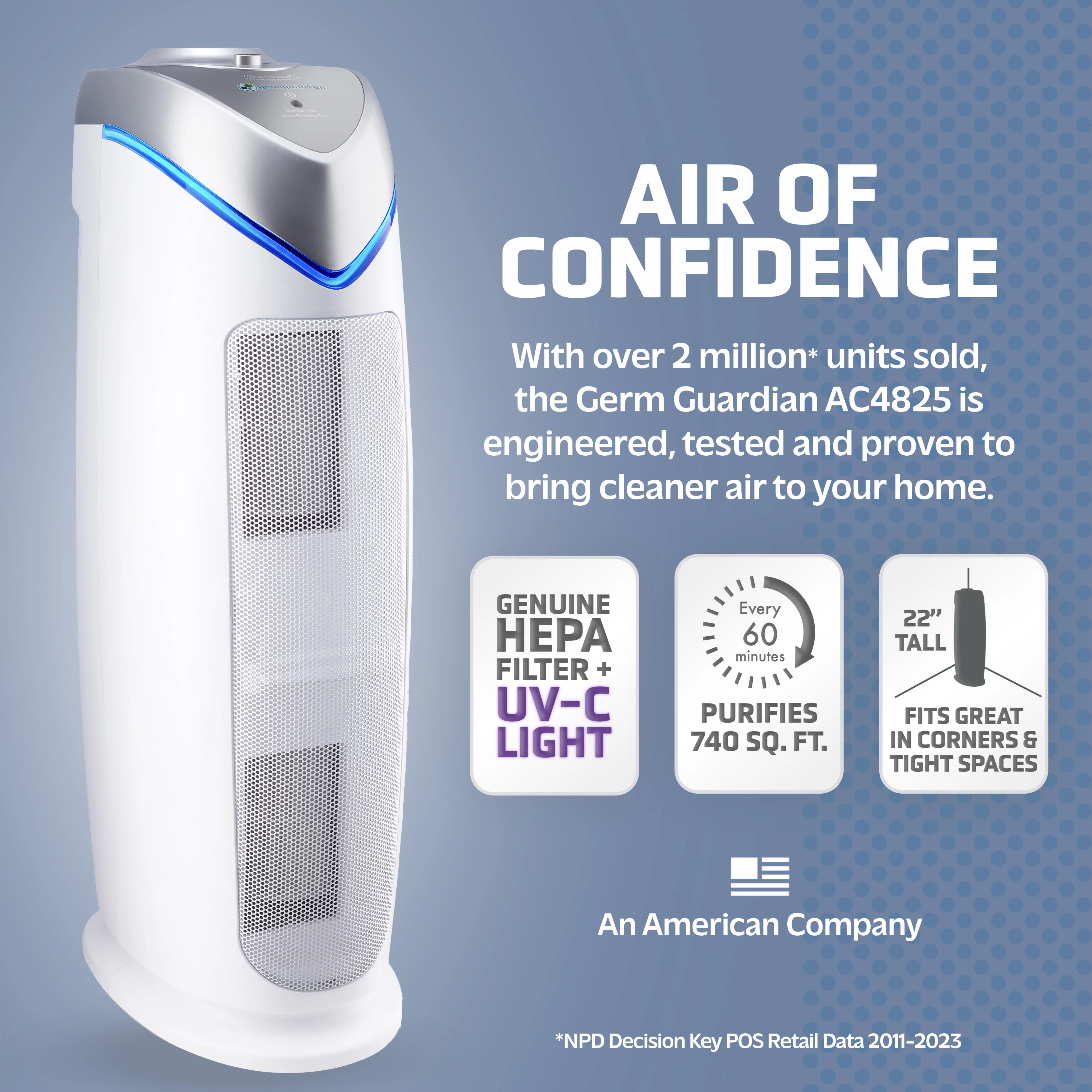 GermGuardian Air Purifier with HEPA Filter, UV-C, Removes Odors, Mold, 743 Sq. ft, AC4825W, White