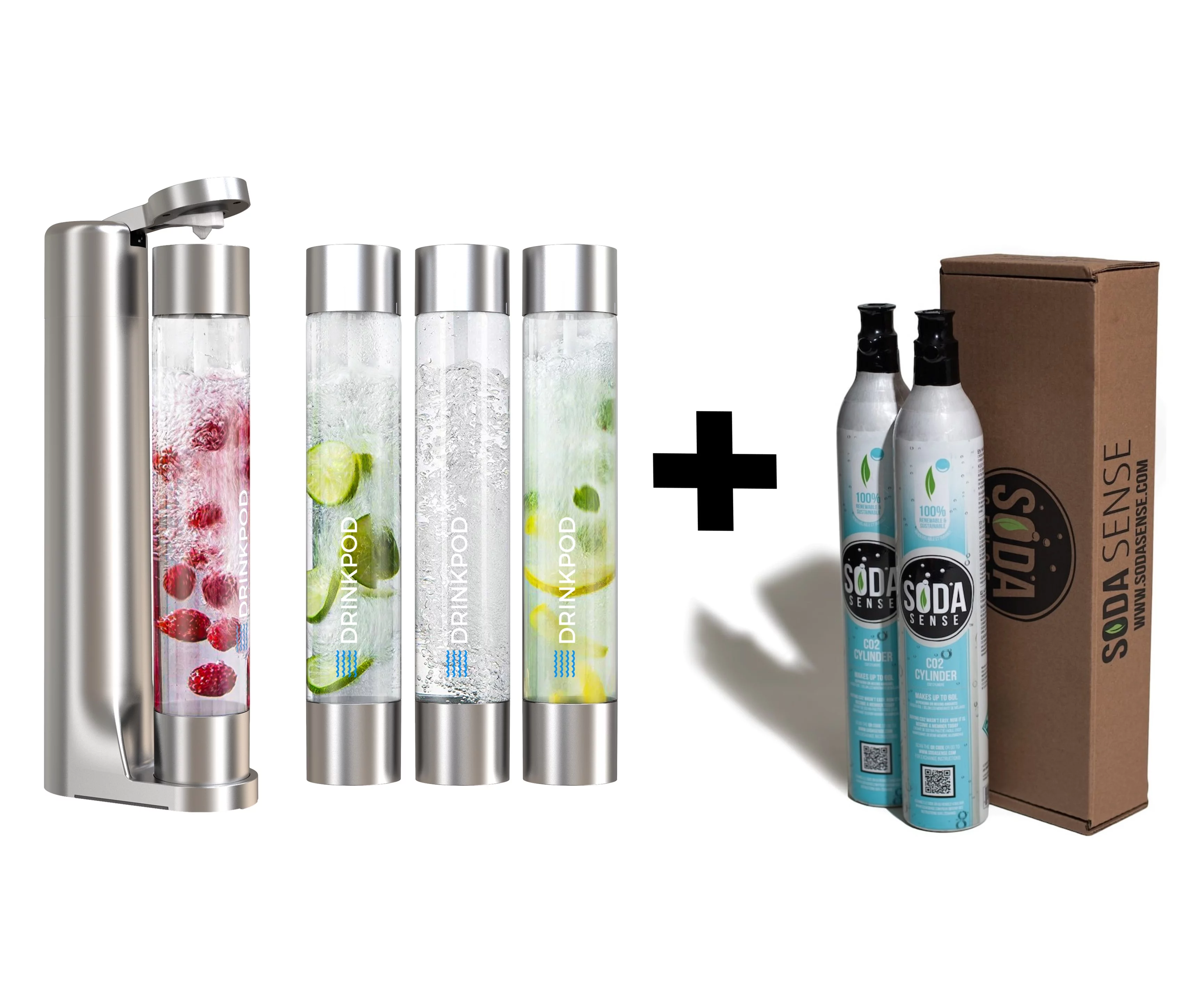 FIZZpod Soda Maker With TWO CO2 Cylinder- Fizzy Drink Machine with 3 PET Bottles, 3 Caps, 1 Carbonator Cap and Manual - Make Homemade Sparkle Water, Juice, Coffee, Tea and Cocktail Drinks with Fruit