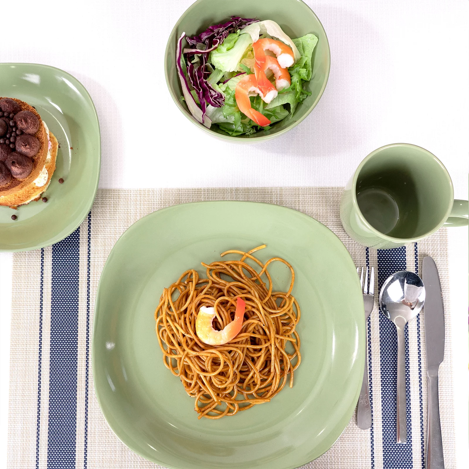 Bestone 16 Piece Round Kitchen Dinnerware Set,Plates and Bowls sets,Dishes, Plates, Bowls, Mugs, Dish Set��Plates and Bowls,Service for 4, Stoneware (Green, square)