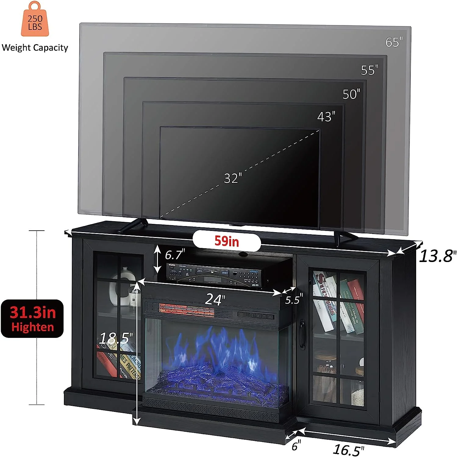 Amerlife 59in 3-Sided Glass Fireplace TV Stand for TVs up to 65