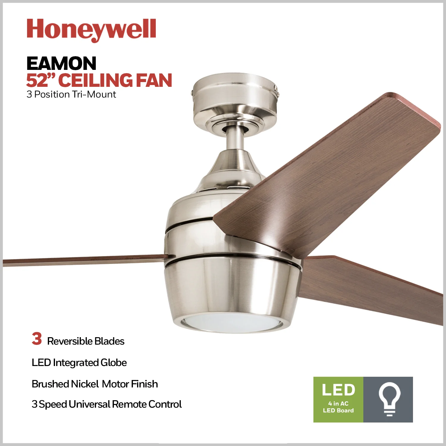 Honeywell Eamon 52' Modern Brushed Nickel Remote Control Ceiling Fan with Integrated LED Light, 3 Blade