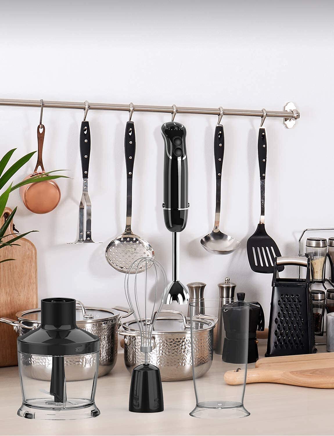 Immersion Hand Blender(Titanium Reinforced)with 800-Watt/12-Speed,Turbo for Finer Results, 4-in-1 Set Includes BPA-Free Food Chopper / Egg Beater / Beaker, Ergonomic Grip, Detachable