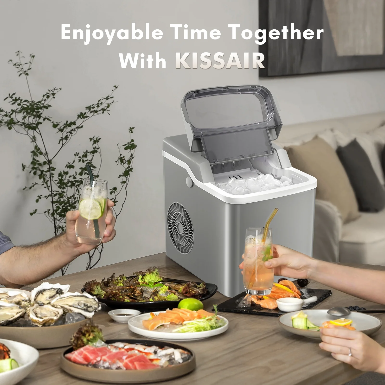 KISSAIR Portable Ice Maker Countertop, One-Click Operation Ice Makers with Ice Scoop and Basket, for Kitchen/Office/Bar/Party/Grey
