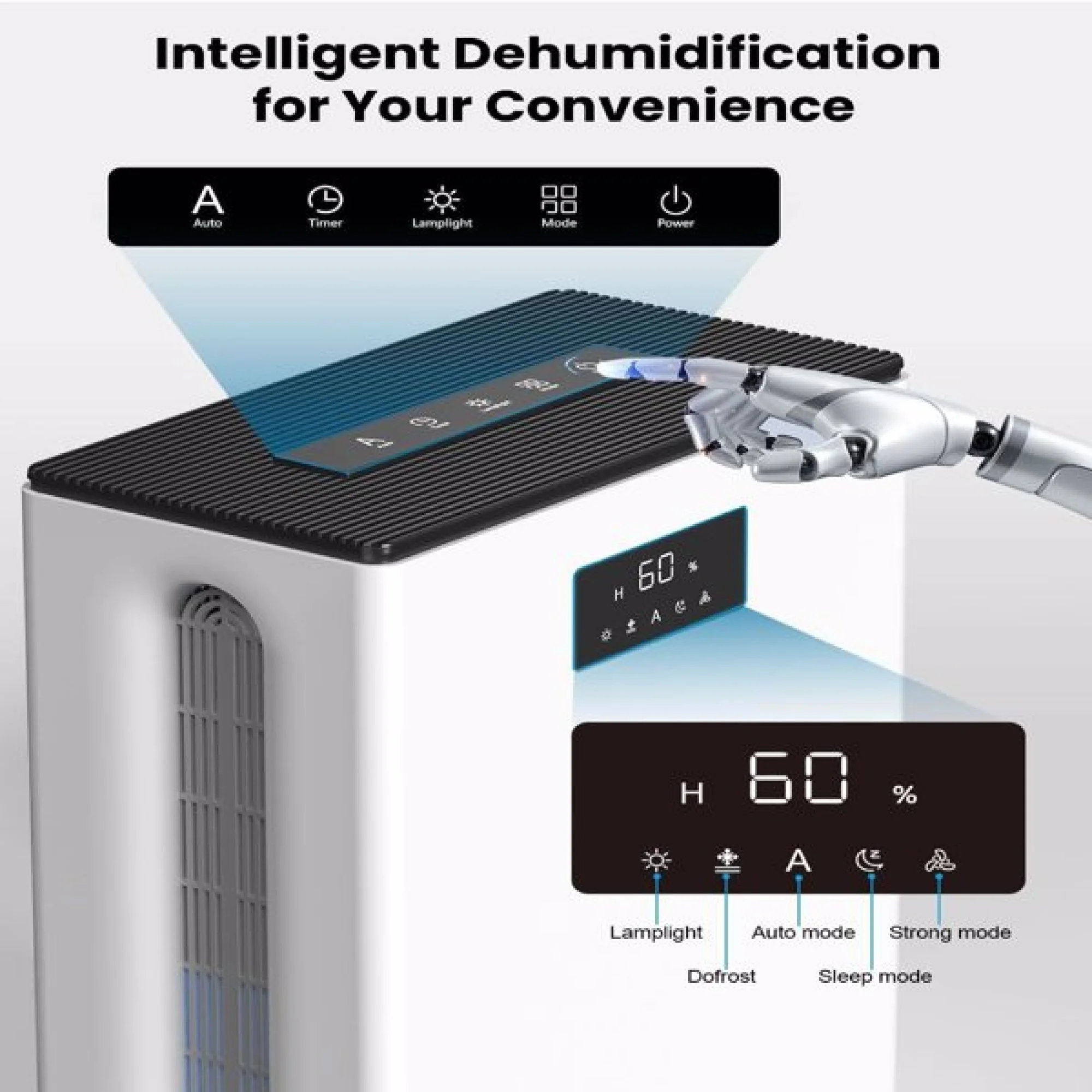 Household dehumidifier, dehumidifier for basement, bathroom, bedroom with automatic shutdown function, large room dehumidifier, 2 working modes, defrost, 7 LED light colors,Smart Home Dehumidifier