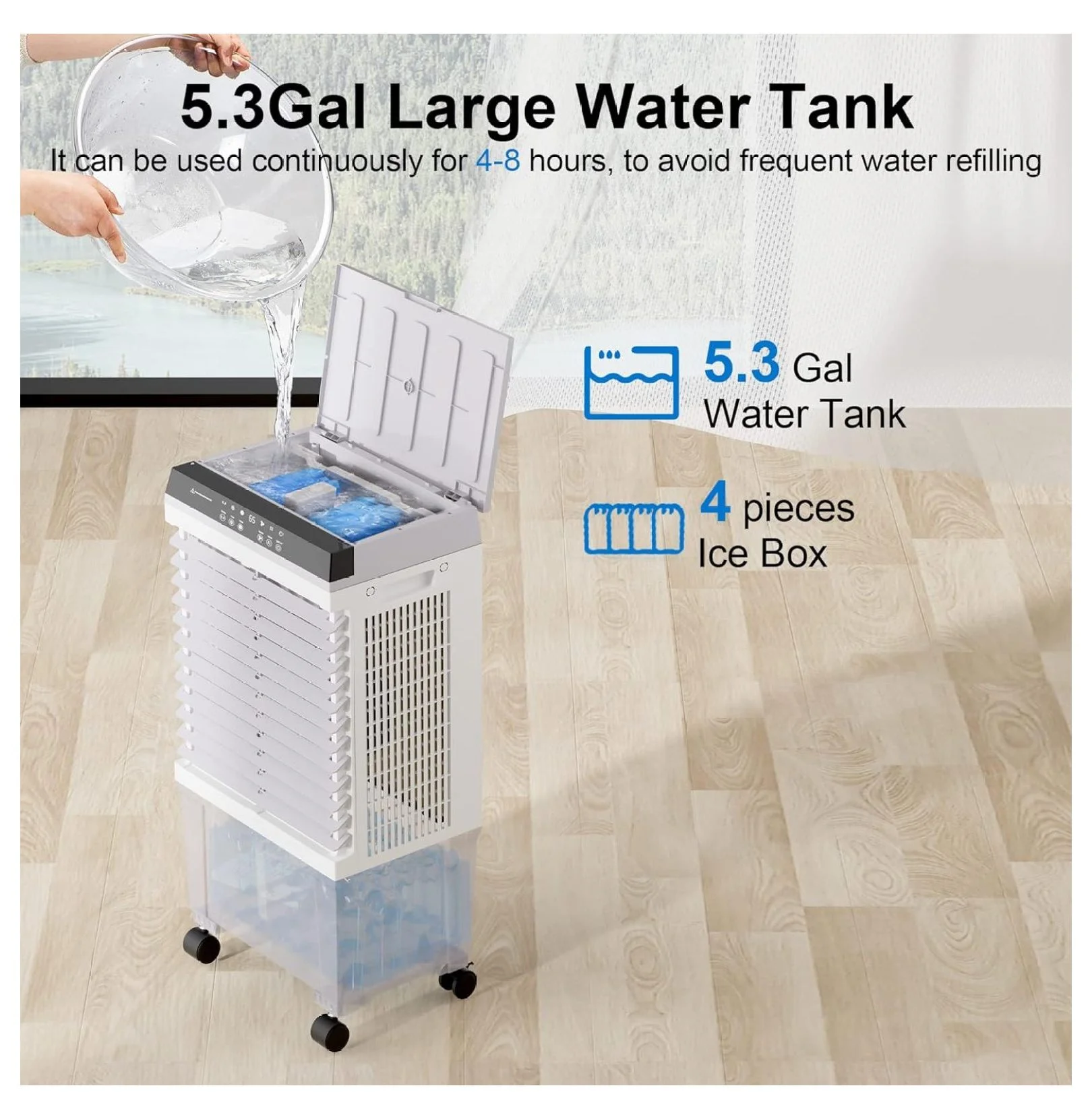 Evaporative Air Cooler, 31' Portable Swamp Cooler with Control, Water Fan with 5.3Gal Water , Floor Fan with Oscillating, Cooling Fans with 12H Timer,4 Ice Boxes,3 Wind Speeds