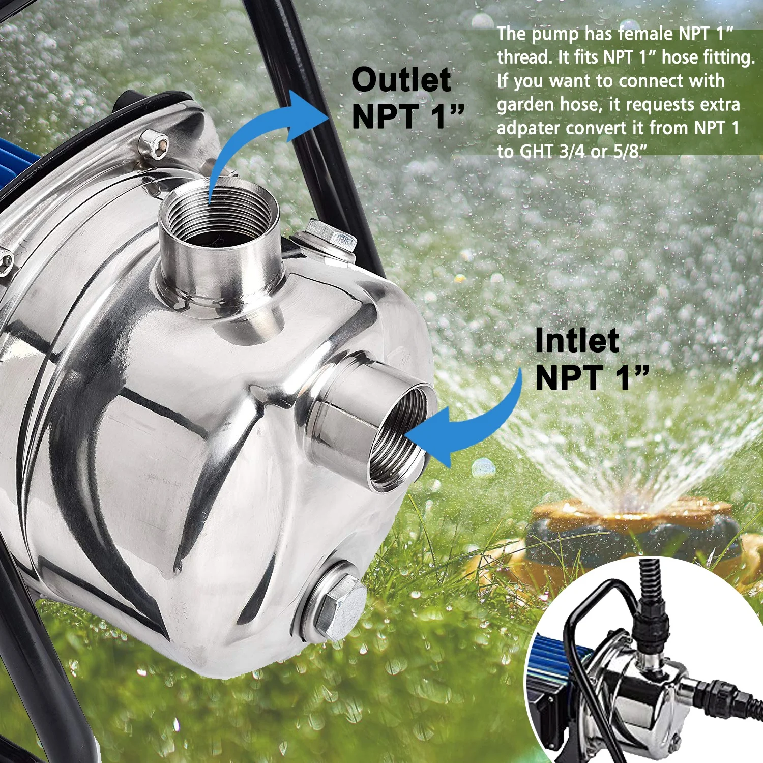 FLUENTPOWER 1HP Portable Stainless Steel Sprinkler Booster Pump, Electric Shallow Well Pressure Pump for Home Garden Lawn Irrigation and Water Transfer, with 1' NPT Female Thread