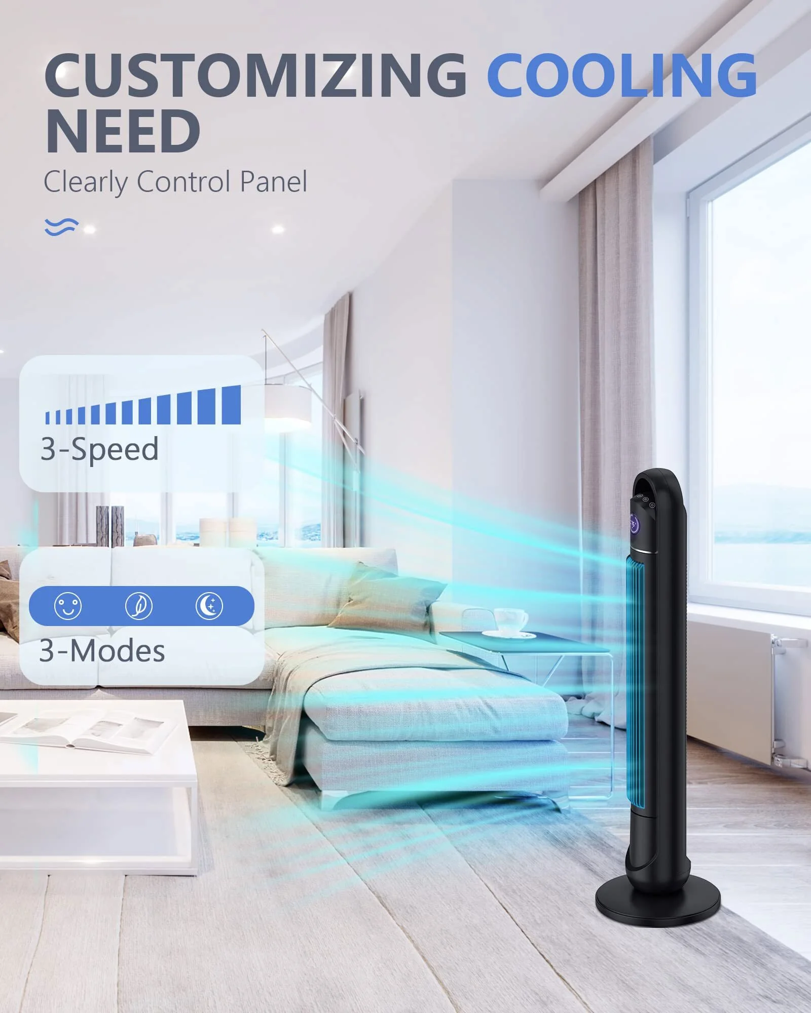 Homlixry Tower Fan, 46 Inch Bladeless Fan, 60�� Oscillating Fan, Quiet Floor Fan, w/ LED Display, 24H Timer, 3 Speeds 3 Modes, Standing Fans for Home Living Room Office, Black