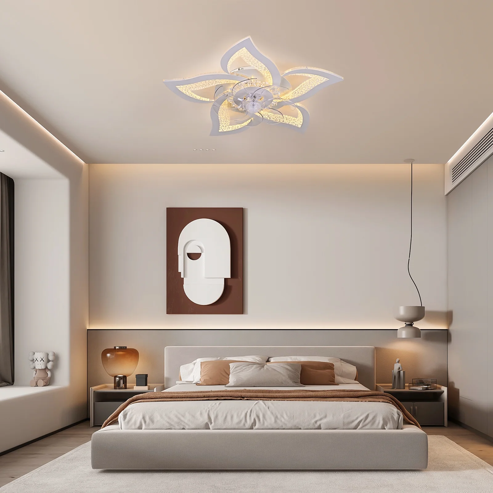 Garwarm Flower Ceiling Fans with Lights and Remote, 24 Inch Modern Low Profile Flush Mount Ceiling Fan, Dimmable LED Ceiling Light Fixture, Small Ceiling Fans for Bedroom, Kitchen, Indoor-White