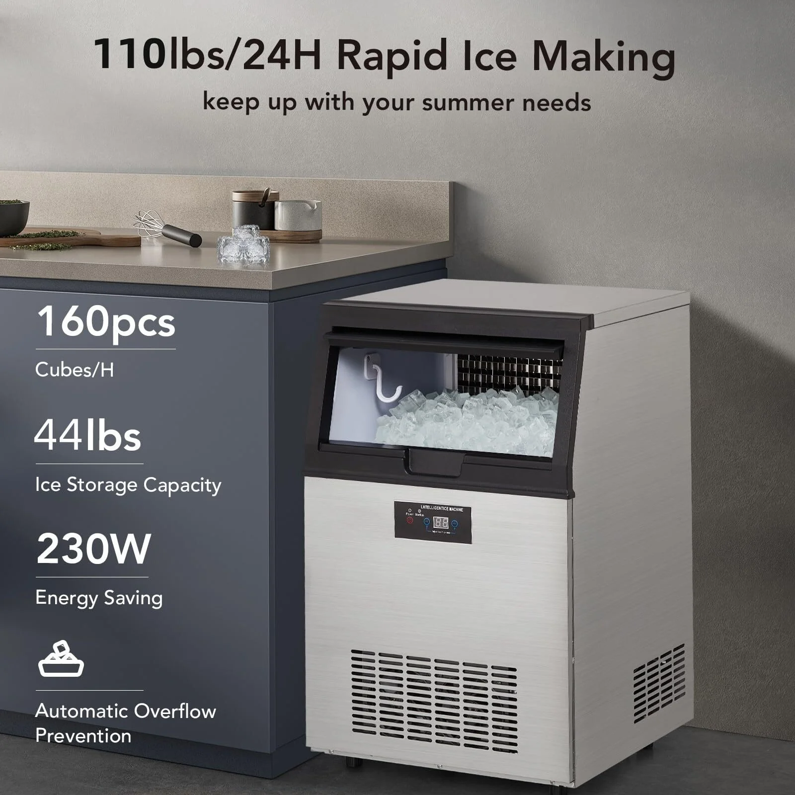 Entcook 110V Commercial Ice Maker 110Lbs/24H with 44Lbs Storage, 5x8 Cubes Automatic Ice Machine in Stainless Steel