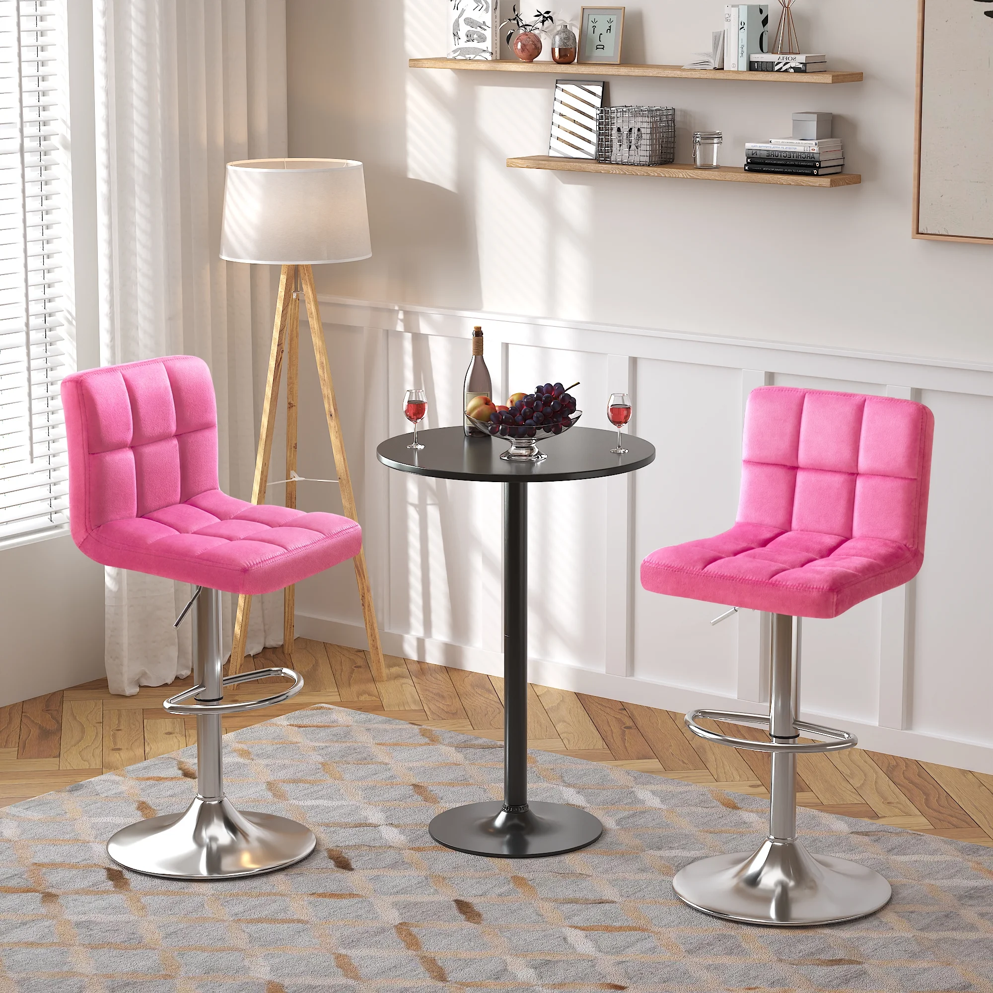 Homall Bar Stools Velvet Kitchen Counter Square Island Height Adjustable Swivel Counter Stools with Back, Pink
