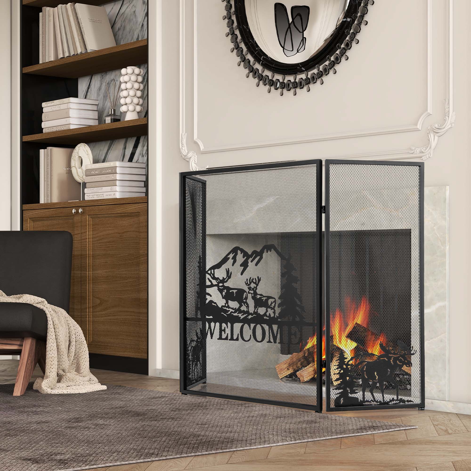 Costway 52 x 31 In Fireplace Screen 3-Panel Spark Guard with Natural Scenery, Moose Pattern