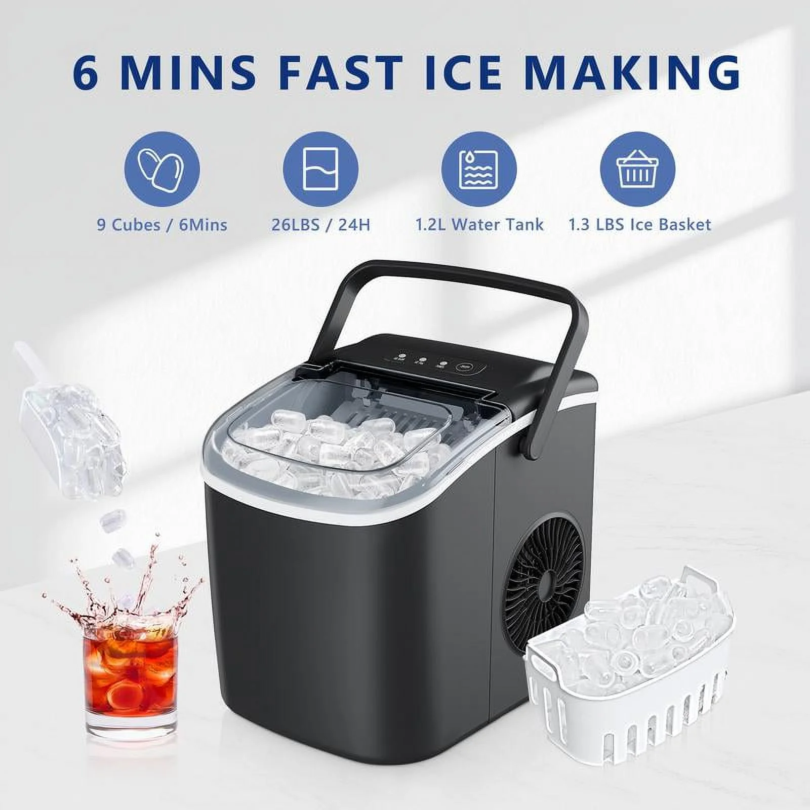 Countertop Ice Maker, 26 lbs in 24 Hours, 9 Bullet-Shaped Ice Cubes in 6 Mins, Self-Cleaning, Stainless Steel Kitchen Utensils