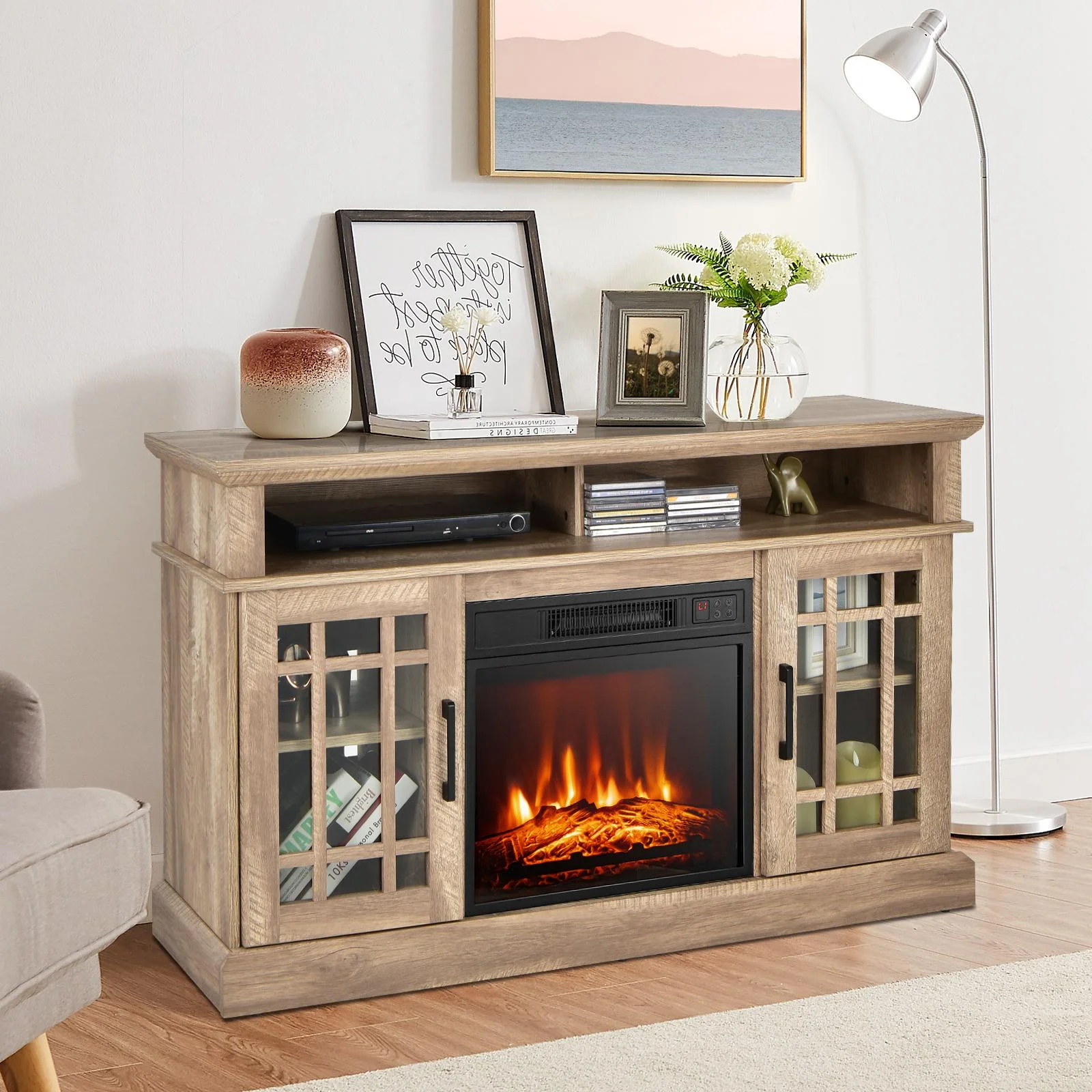 Giantex 48' Wooden TV Stand w/Fireplace, Electric Fireplace TV Cabinet, Farmhouse Media Entertainment Center Console Table, Natural
