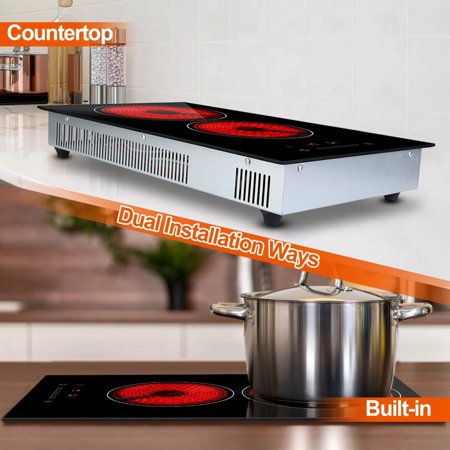 iMounTEK Double Induction Cooktop 2 Burners 12 inch Portable Countertop Burner and Built-in Cooktops 110v, with Sensor Touch Black Crystal LED Screen,9 Power Levels