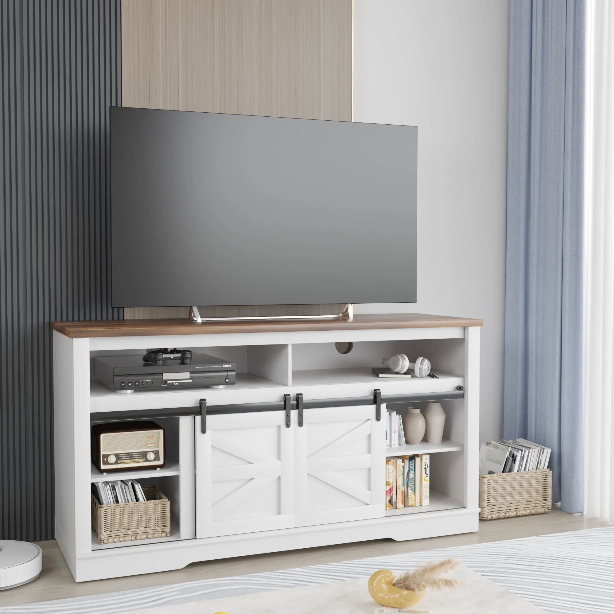 Homall Modern Farmhouse TV Stand with Electric Fireplace Media Storage TV Console Sliding Cabinet Doors,White