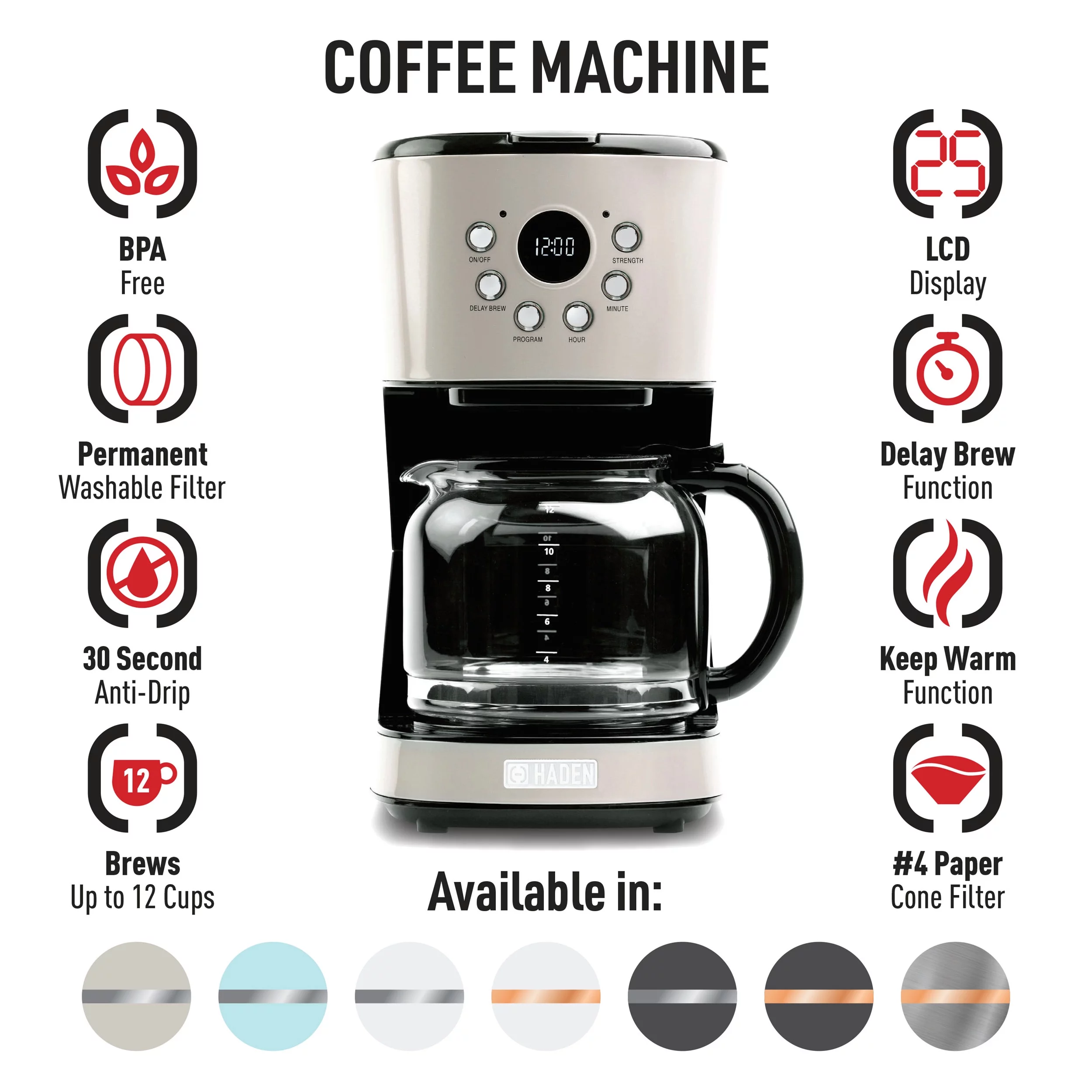 Haden 12-Cup Programmable Coffee Maker, Putty - 75028