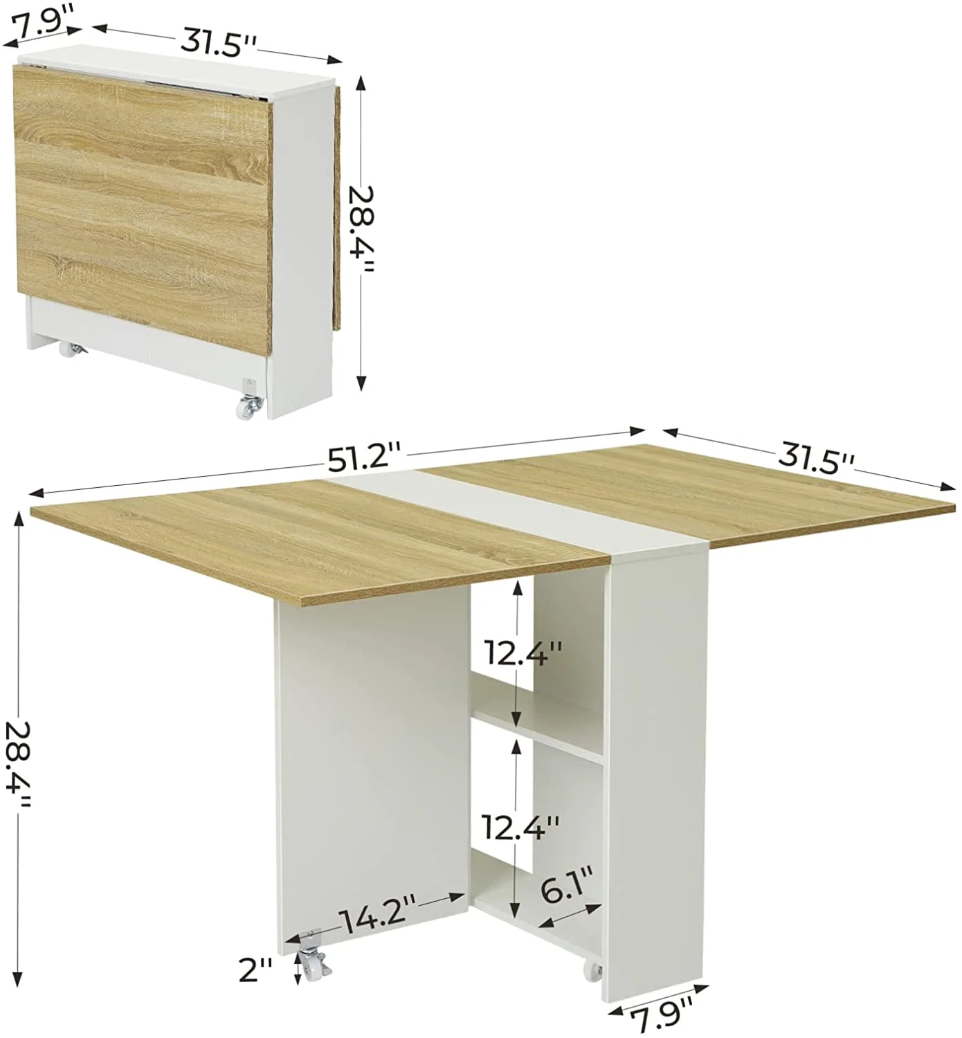 Folding Dining Table with 2 Storage Racks, Drop Leaf Table for Kitchen, Bedroom, Living Room