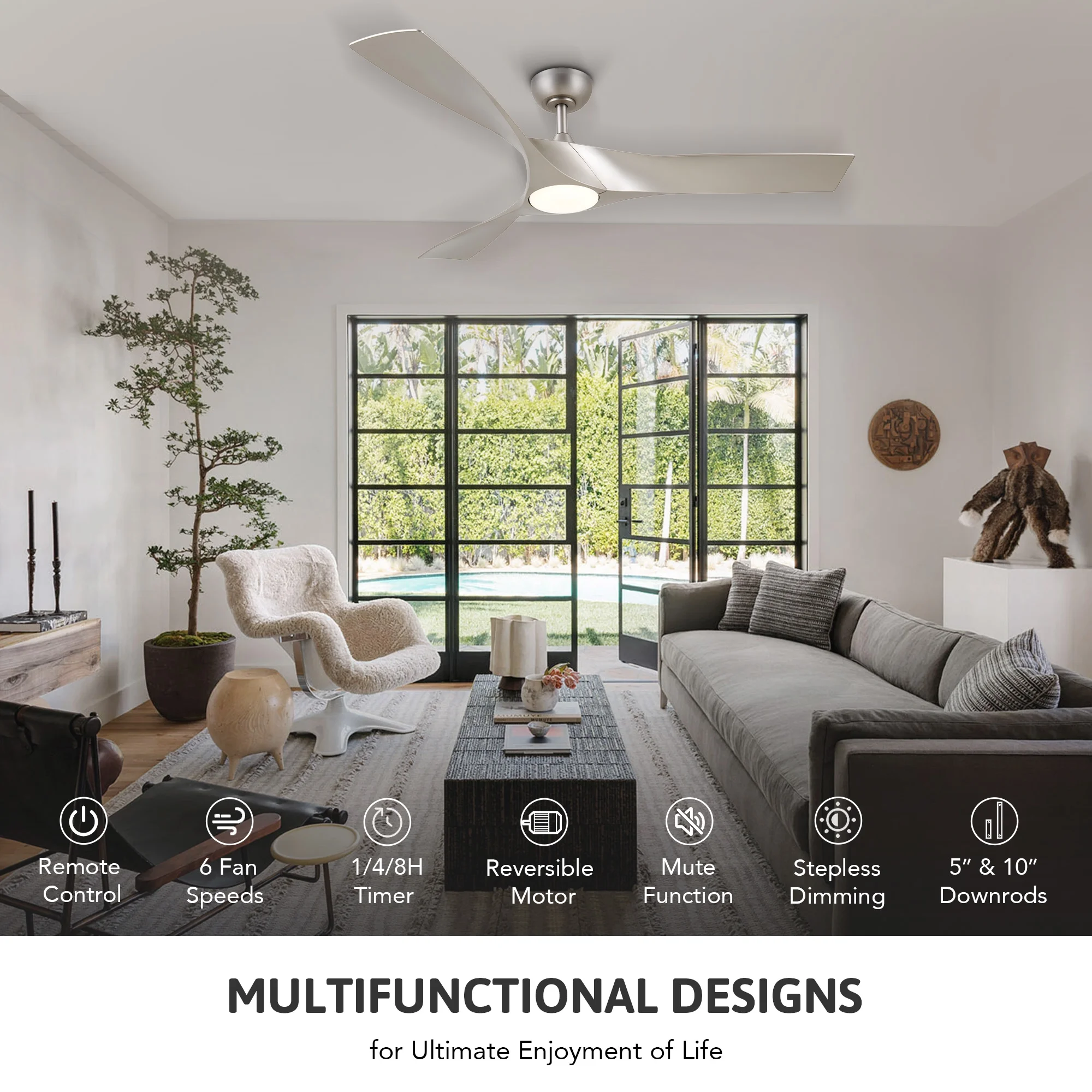 Bestco 52 inch Propeller Ceiling Fan with Light Remote Control 6 Fan Speeds Nickel