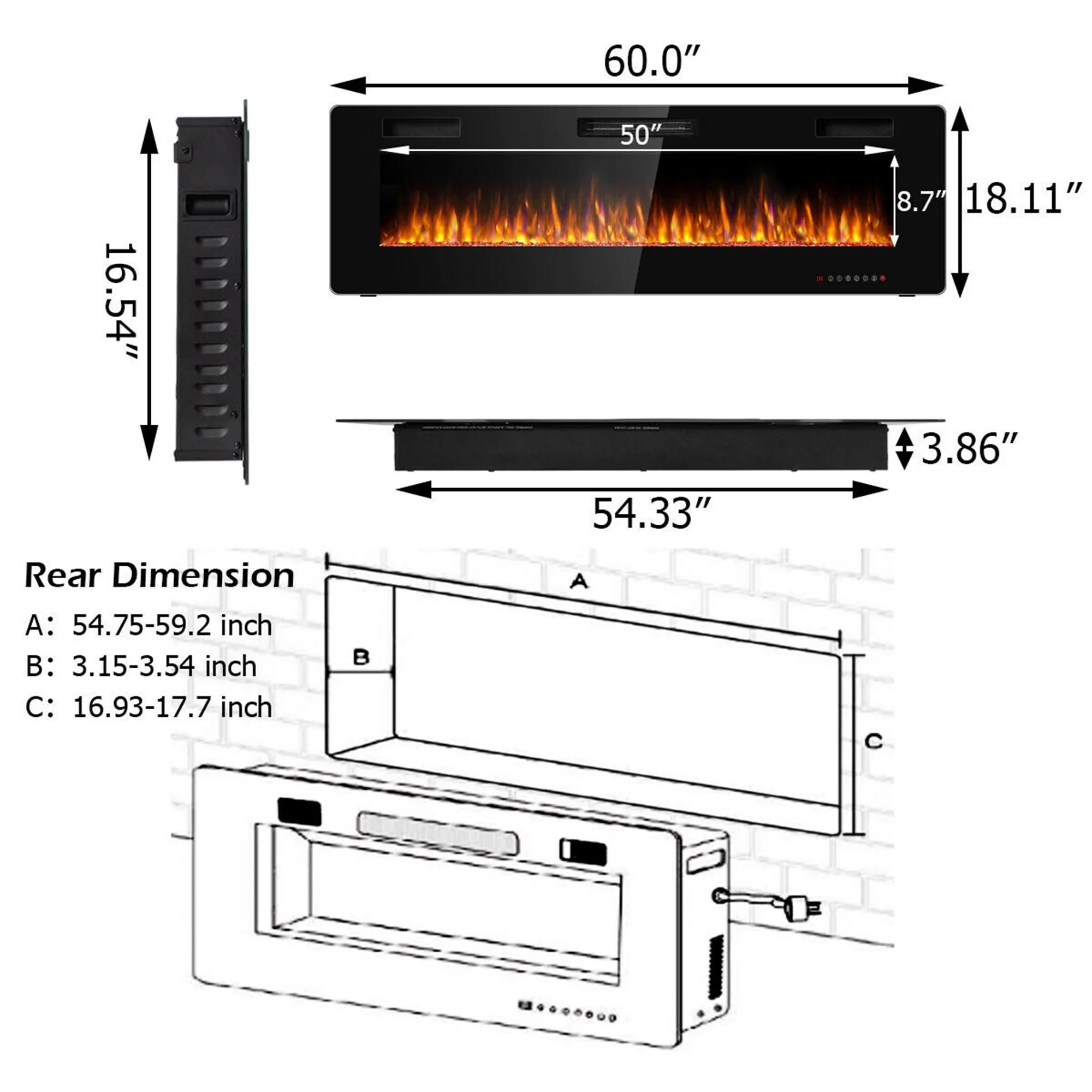 Gymax 60'' Fireplace Electric Recessed Wall Mounted Heater w/ Remote Control