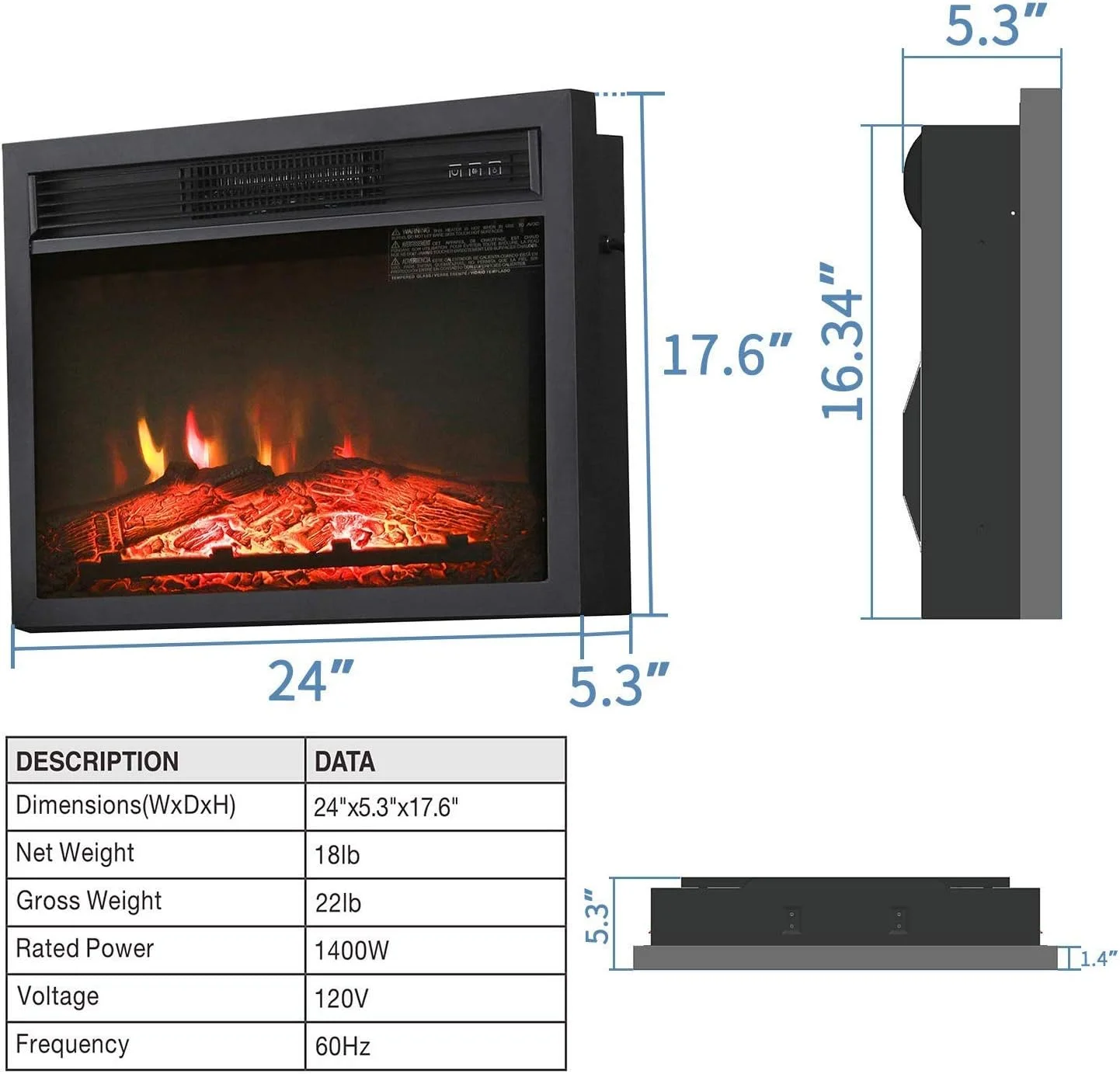 24 Inch Electric Fireplace Insert 1400W Embedded&Freestanding Realistic Log Flame Effect Heater with Remote Control, 3 Adjustable Flame, Overheating Protection