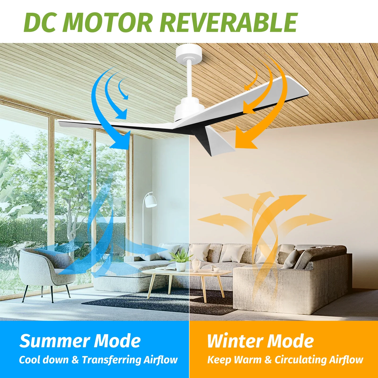 KAPOEFAN 52inch Ceiling Fan No Light, Outdoor Indoor Ceiling Fans Without Light, Modern Black and White Wood Ceiling Fans with Remote for Farmhouse Patio Yard