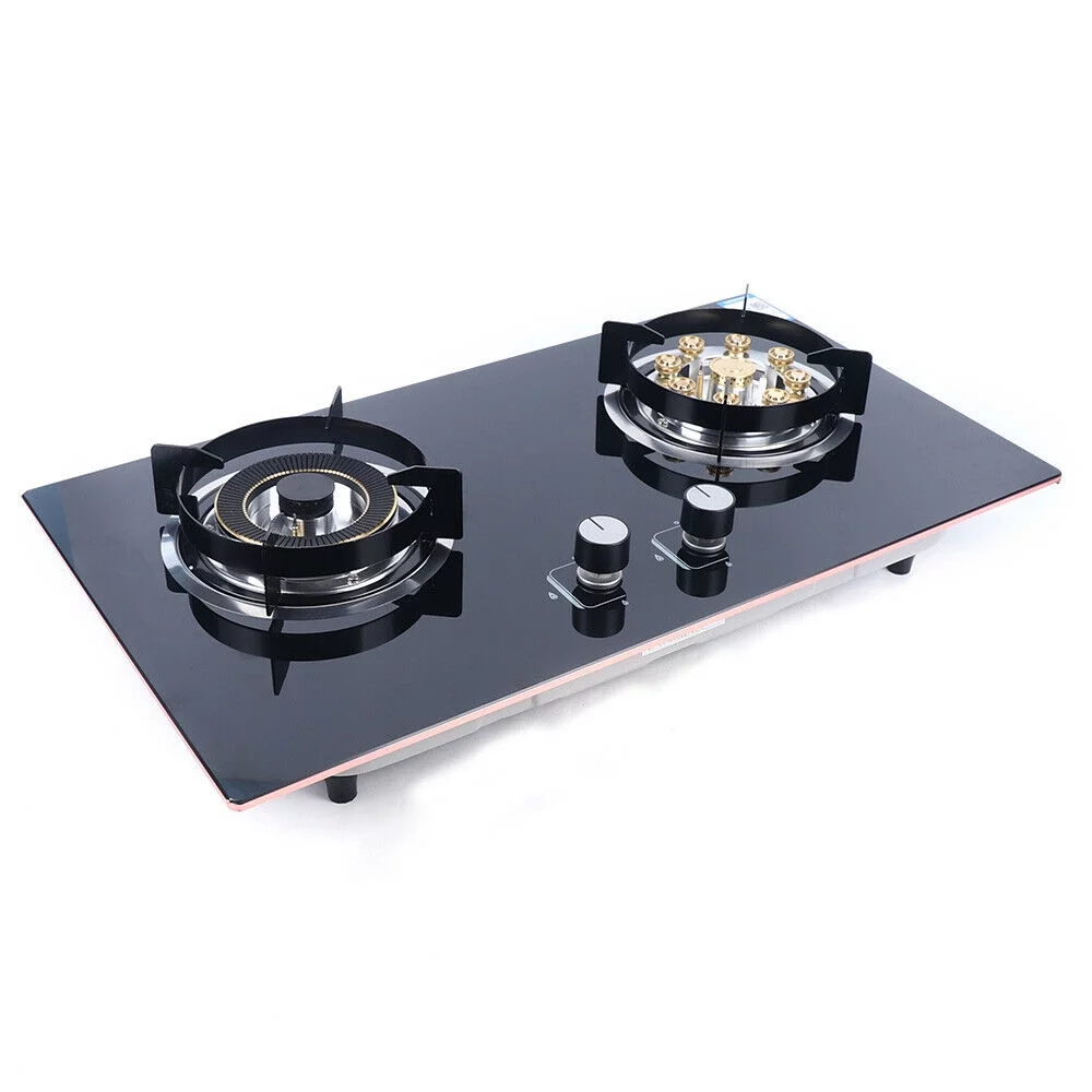 Black Kitchen Built-in 2 Burner Natural Gas Cooking Stove Cooktop Cooker LPG 730*410mm