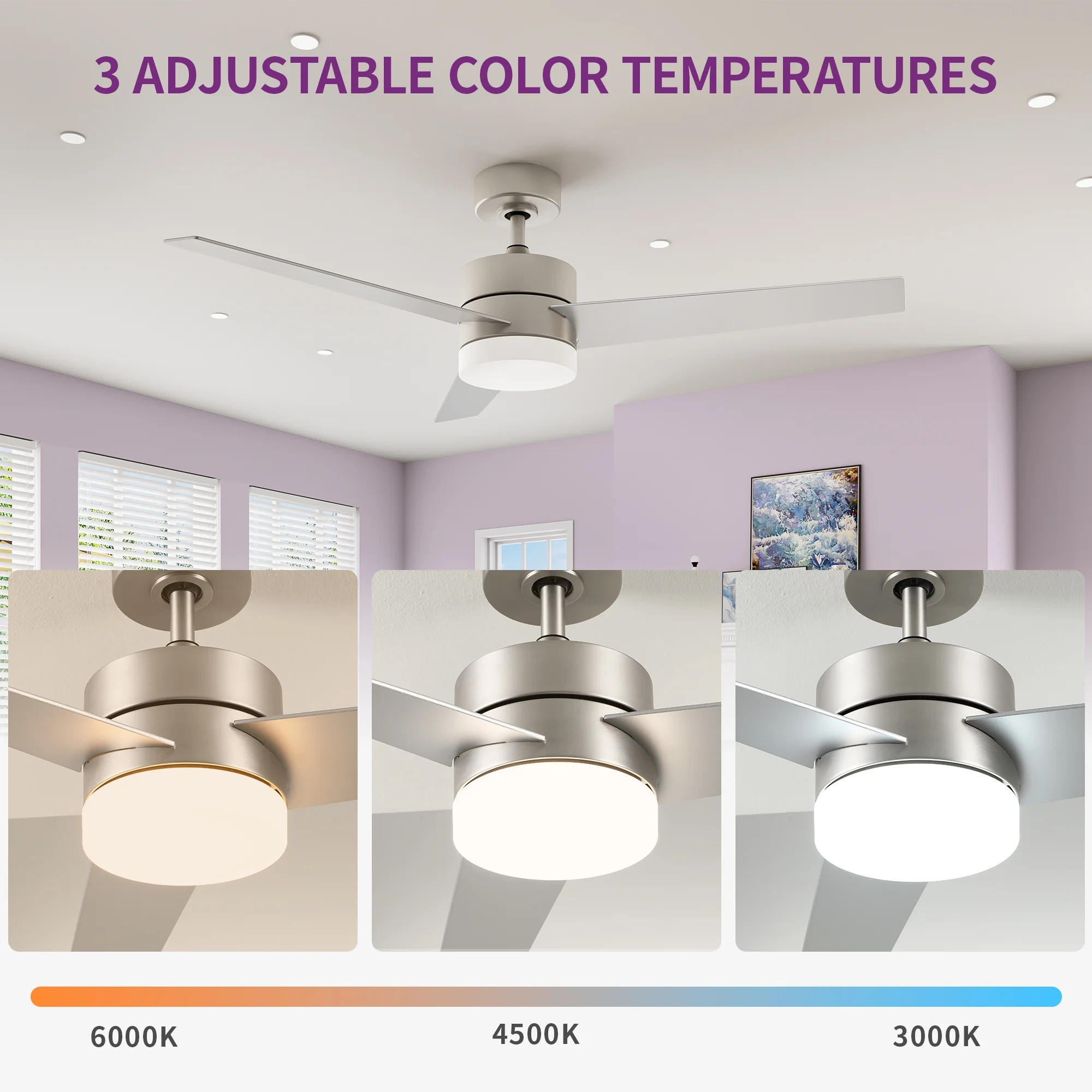 52' Modern Ceiling Fan with LED Light and Dimmable Remote,6-Speed Reversible DC Motor, 3-Blade Timing Industrial Ceiling Fan for Living Room, Bedroom, and Outdoor Terraces, Silver
