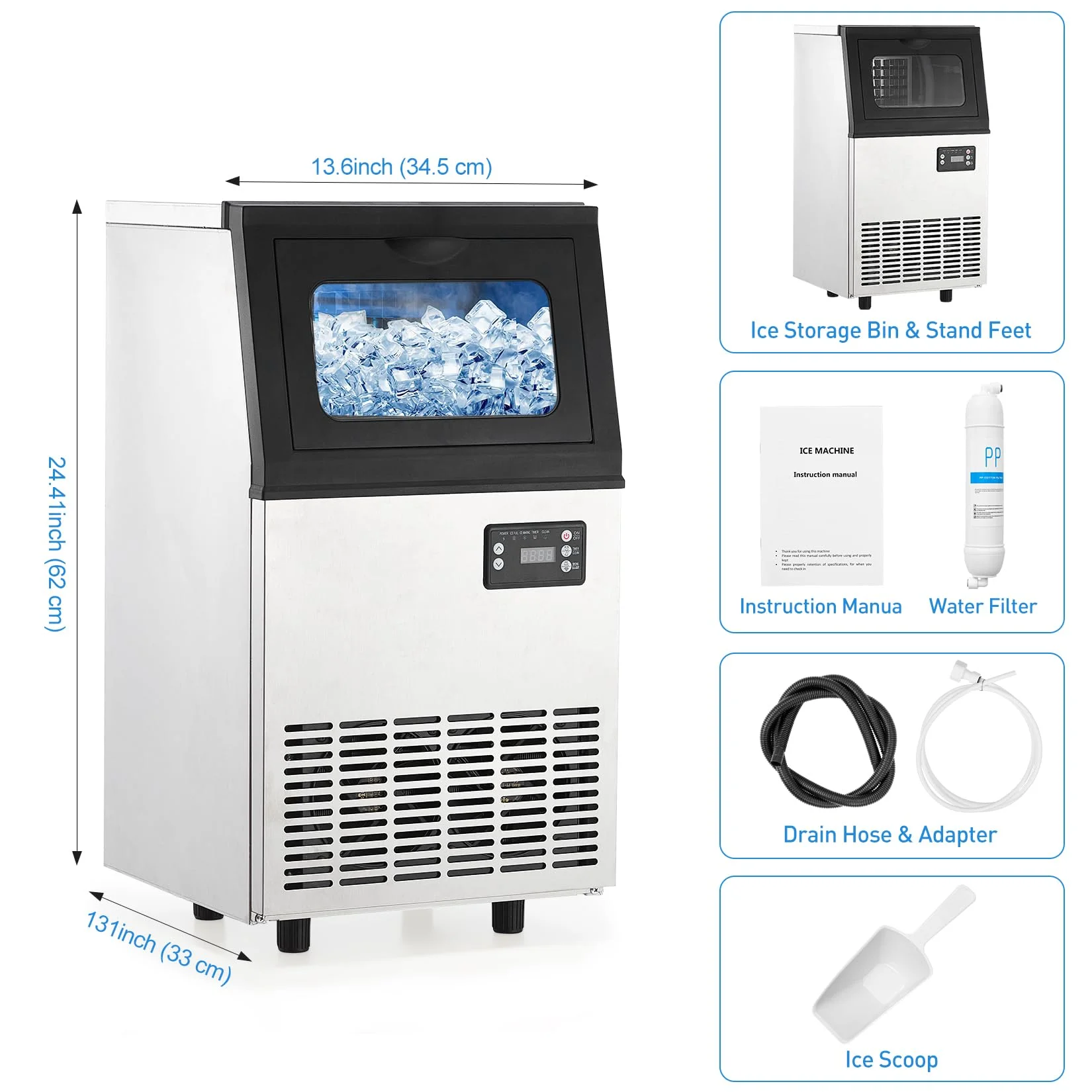 2024 New Ice Maker Machine, 110lbs/24H Stainless Steel Under Counter Ice Machine with 18LBS Ice Storage Capacity Automatic Freestanding Ice Maker Ice Making for Home, Bar, Restaurant