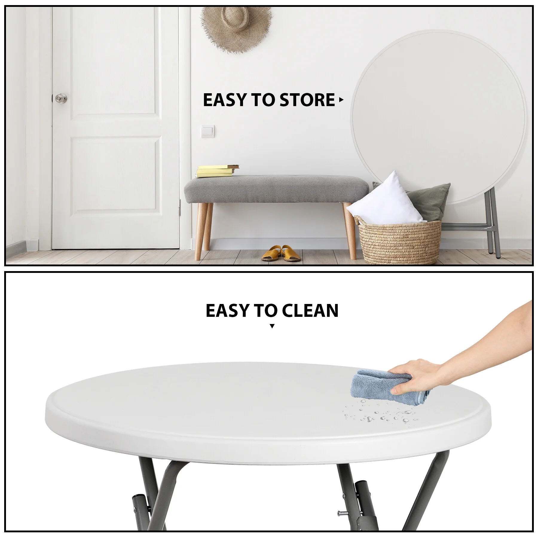 HomGarden 32' Round Picnic Folding Table 2.6FT Portable Compact Plastic Dining Card Table Indoor & Outdoor, White