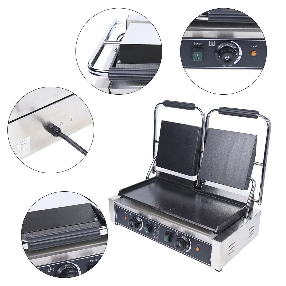 Commercial Double Grill Panini Maker Sandwich Press Grill Griddle Smooth Flat NonStick 1800W